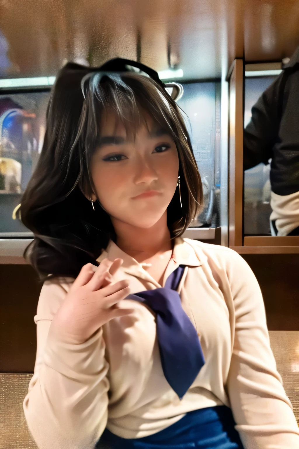 muste piece、High resolution、convenience store of the future、Convenience store clerk、26 year old female、1girl clerk、looking at the camera、smile、Finished as pictured、The cashier is also beautiful、Her skin is white and beautiful、long and beautiful hair、inner color、hair should be tied back、Clerk's uniform、