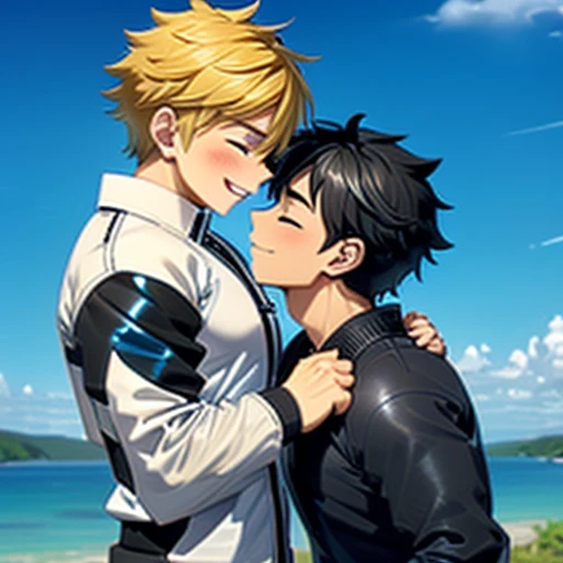 2 boy,kiss,(close eyes:1.2),(be happy:1.4),shoulder to shoulder,16 years old,happy blonde and black hair,black eyes,jacket,shirt,blush,(happy smile),blue sky backgroundy,Masterpiece,Top Quality,High quality,Ultra detailed,insanely detailed,beautiful,detailed eyes,anime style