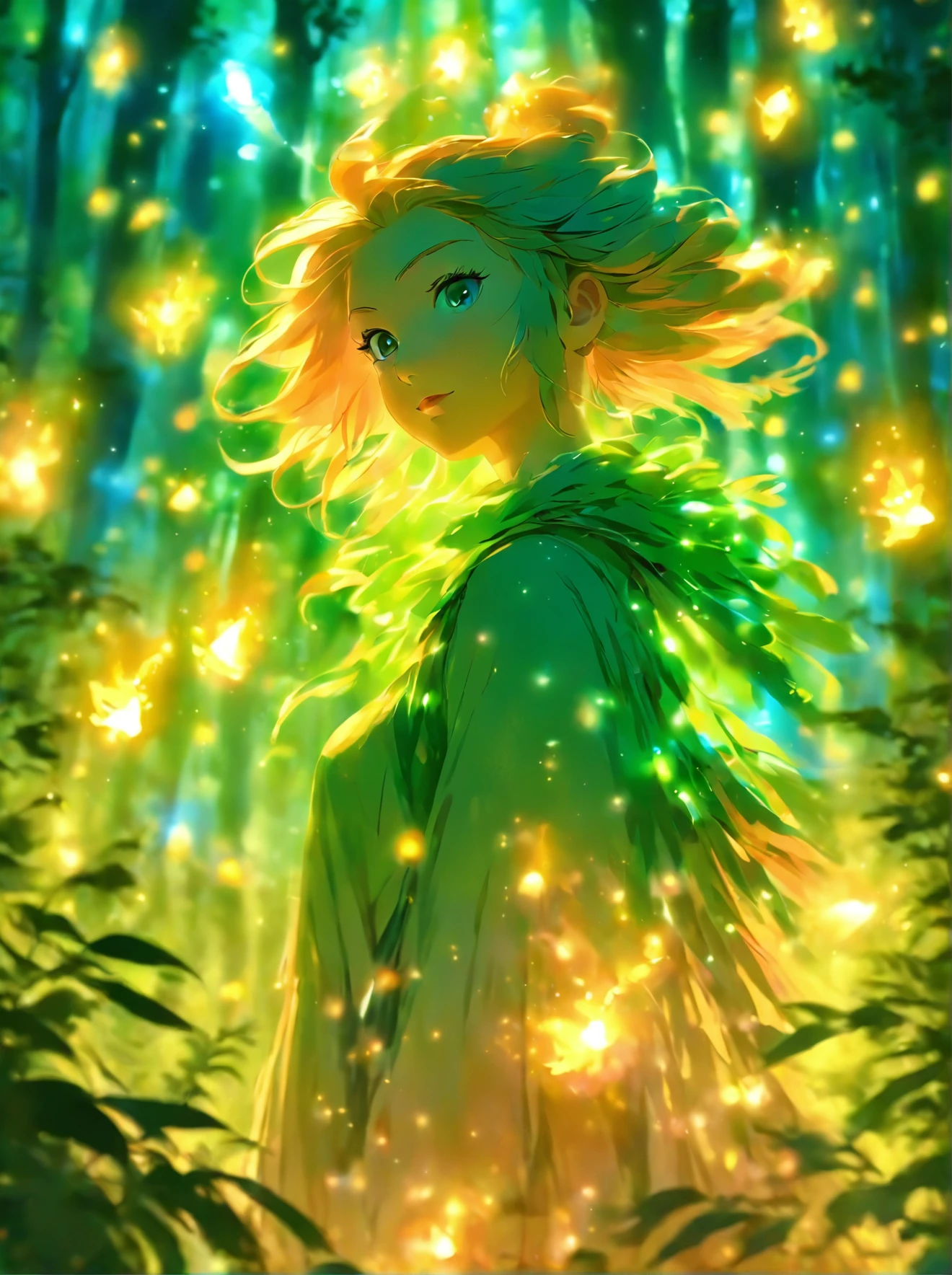 painting of a woman in a forest with a light shining on her, concept art by Jason Benjamin, trending on cgsociety, fantasy art, the moonlit dance of the fae, concept art magical highlight, enchanted with nature spirit, fireflies and sparkling wisps, magical concept art, in a magical forest, a friendly wisp, in the magical forest