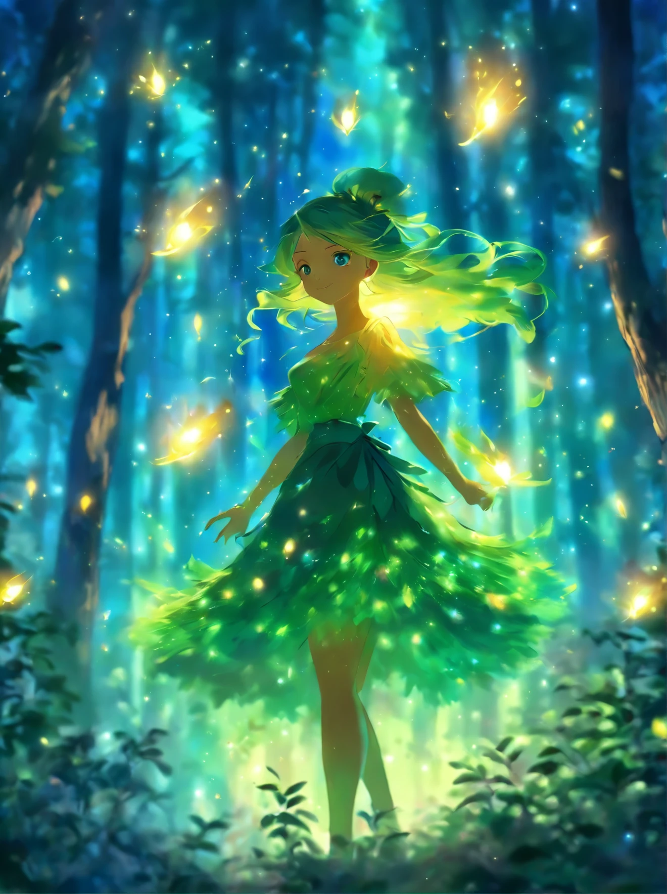painting of a woman in a forest with a light shining on her, the moonlit dance of the fae, concept art magical highlight, enchanted with nature spirit, fireflies and sparkling wisps, magical concept art, in a magical forest, a friendly wisp, in the magical forest, magical forest with fireflies, in a forest at night, fairytale painting