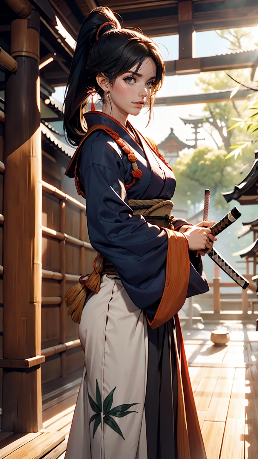 Rurouni Kenshin、Kaoru Kamiya、Kendo uniform、Japanese women、ponytail、Dark blue hair、holding a bamboo sword、Kendo Hall