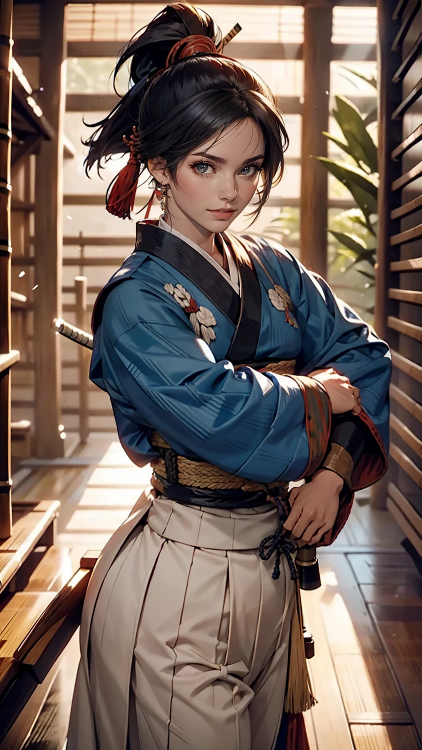 Rurouni Kenshin、Kaoru Kamiya、Kendo uniform、Japanese women、ponytail、Dark blue hair、holding a bamboo sword、Kendo Hall
