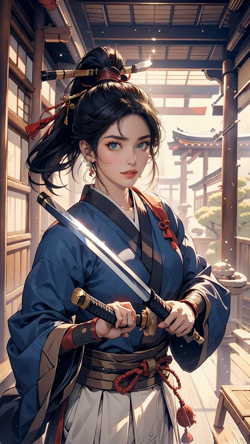 Rurouni Kenshin、Kaoru Kamiya、Kendo uniform、Japanese women、ponytail、Dark blue hair、holding a bamboo sword、Kendo Hall