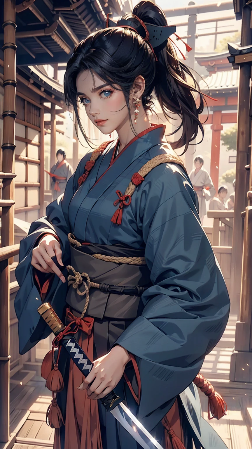 Rurouni Kenshin、Kaoru Kamiya、Kendo uniform、Japanese women、ponytail、Dark blue hair、holding a bamboo sword、Kendo Hall