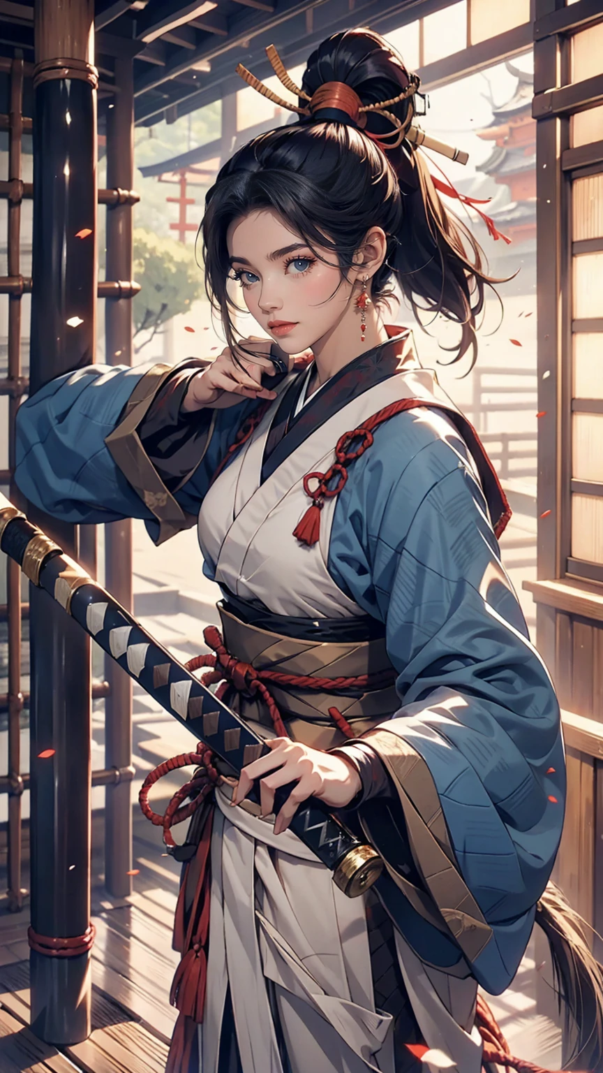 Rurouni Kenshin、Kaoru Kamiya、Kendo uniform、Japanese women、ponytail、Dark blue hair、holding a bamboo sword、Kendo Hall