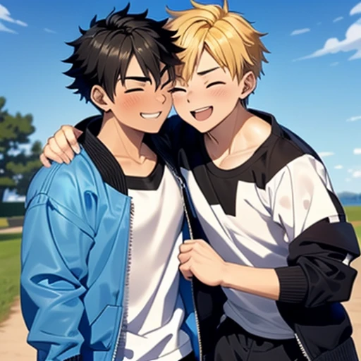 2 boy,kiss,(close eyes:1.2),(be happy:1.4),shoulder to shoulder,16 years old,happy blonde and black hair,black eyes,jacket,shirt,blush,(happy smile),blue sky backgroundy,Masterpiece,Top Quality,High quality,Ultra detailed,insanely detailed,beautiful,detailed eyes,anime style