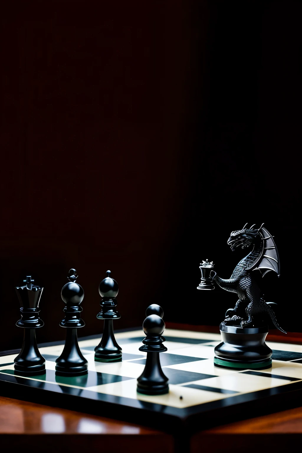 a black dragon playing with chess pieces, en forma de personas
