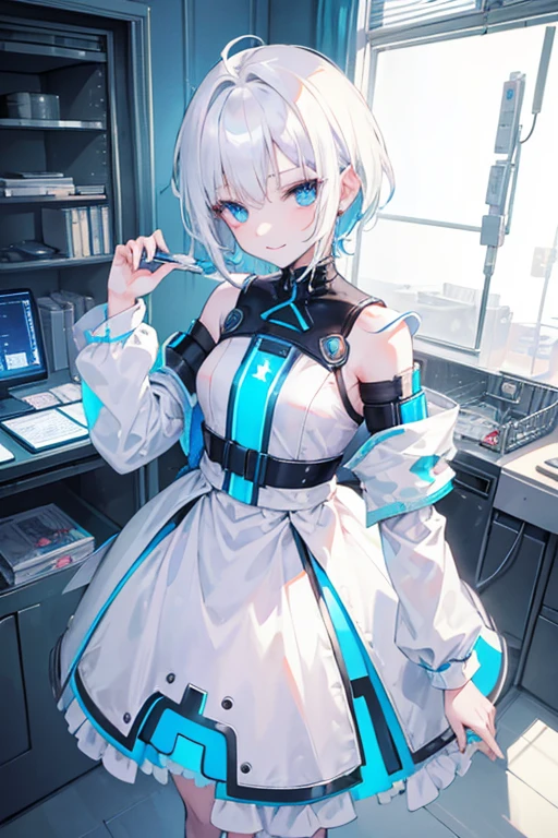 (Masterpiece), highest quality, 1 girl, (androgynous), ghost, white hair, short hair, light blue eyes with light pigment, lifeless pure white skin, cyberpunk costume with light blue tone, childish , short height, no breasts, takoyaki, smile, slightly messy room, high resolution