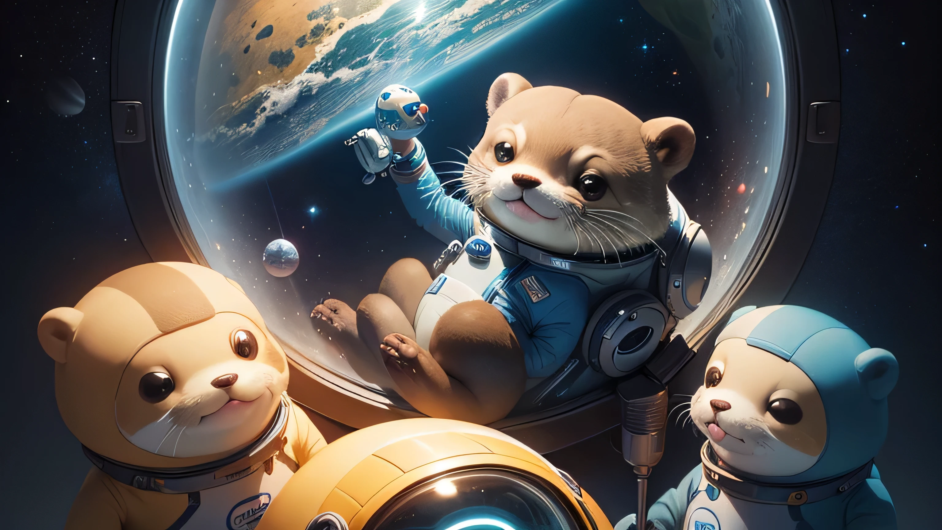 there is a cartoon otter in a space suit with other otters, outter space, outerspace, outer space, in outer space, from outer space, dreaming of outer space, cute otter, octopus wearing a spacesuit, anthropomorphic otter in costume, anthropomorphic furry otter, liminal space in outer space, liminal space in outer space!!!