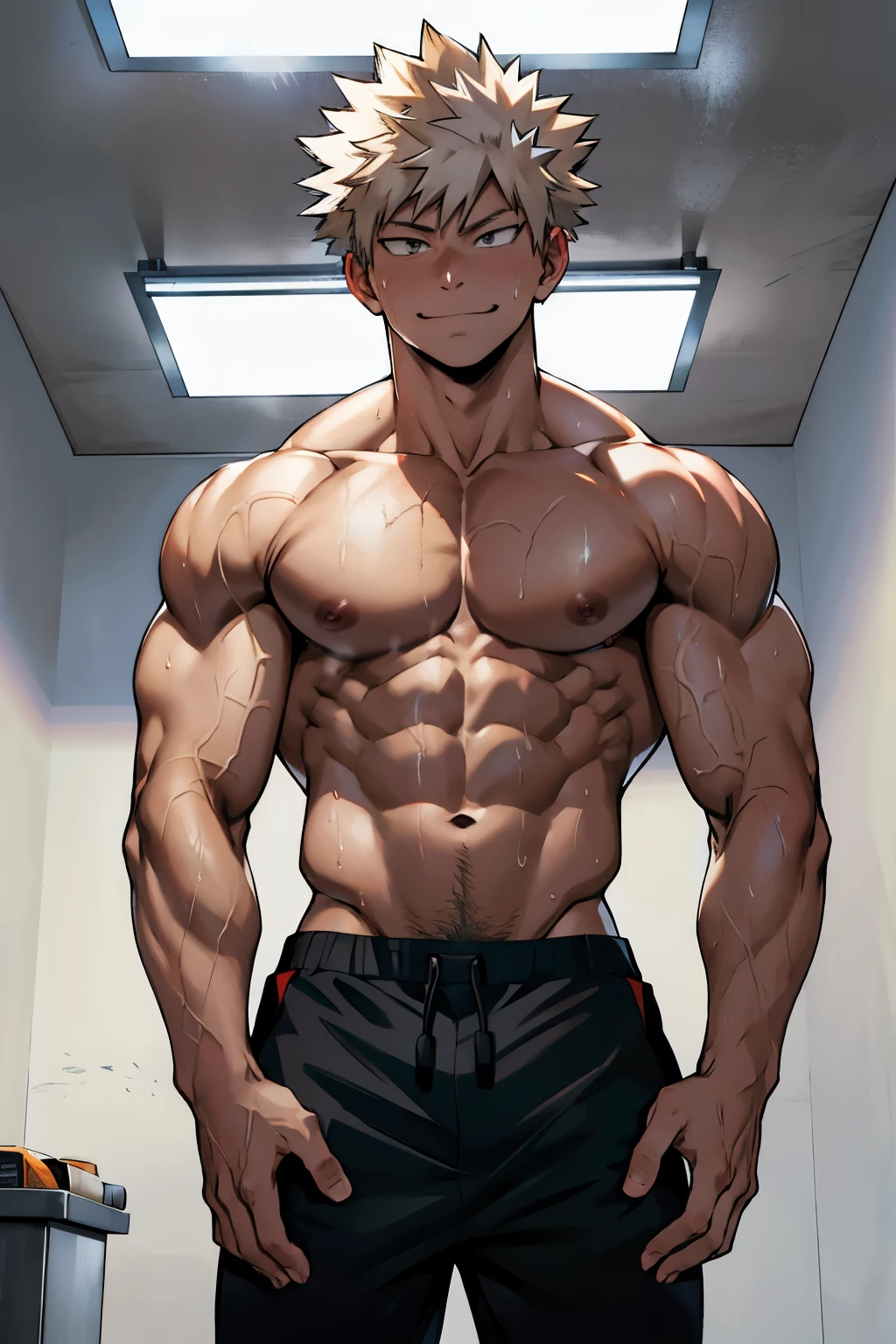 Katsuki Bakugo from Boku No Hero Academia, wearing gray sweat pants, smug smile, bodybuilder, defined body, shirtless, abs, big legs, white empty room, sexy, with the hands on the pockets, sweating, seen from below