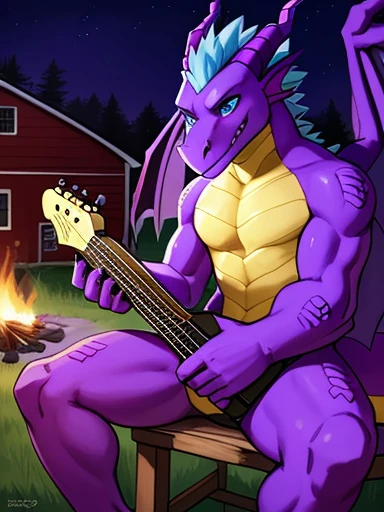 , (((Rampageman 
A purple anthropomorphic male dragon with purple horns, light blue eyes, and light blue spiky hair and yellow torso sitting on the wooden chair with a wooden guitar playing with the guitar outside next to a campfire at night 
With a barn and field in the background,(( rampage, huge , purple dragon with wings and a very tan chest and has hair on his head )) , with a very romantic look and pose))) , big chest , day, , sensual, detailed, uploaded to e621, beautiful and detailed portrait of an anthropomorphic , (((male))) uploaded to e621, zaush, foxovh, movie lighting, thicc, alone, detailed, 8k res, hires, detailed eyes, good anatomy, good perspective, towards viewer, by bebebebebe, by sicklyhypnos, by gerkk, by orf, nice hands, perfect hands, happy, romantic, ray tracing lighting, rtx on, By Bebebebebe, by SpiritD, by KOBITOWANI, b est quality, masterpiece, perfect anatomy, detai led picture)), 1femboy, , sexy body, fluffy tail, shy, horny, romantic, up close, wearing not a single bit of clothing, huge thighs, Rampageman 
A purple anthropomorphic male dragon with purple horns, light blue eyes, and light blue spiky hair and yellow torso sitting on the wooden chair with a wooden guitar playing with the guitar outside next to a campfire at night 
With a barn and field in the background,   Rampageman 
A purple anthropomorphic male dragon with purple horns, light blue eyes, and light blue spiky hair and yellow torso sitting on the wooden chair with a wooden guitar playing with the guitar outside next to a campfire at night 
With a barn and field in the background