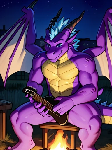 , (((Rampageman 
A purple anthropomorphic male dragon with purple horns, light blue eyes, and light blue spiky hair and yellow torso sitting on the wooden chair with a wooden guitar playing with the guitar outside next to a campfire at night 
With a barn and field in the background,(( rampage, huge , purple dragon with wings and a very tan chest and has hair on his head )) , with a very romantic look and pose))) , big chest , day, , sensual, detailed, uploaded to e621, beautiful and detailed portrait of an anthropomorphic , (((male))) uploaded to e621, zaush, foxovh, movie lighting, thicc, alone, detailed, 8k res, hires, detailed eyes, good anatomy, good perspective, towards viewer, by bebebebebe, by sicklyhypnos, by gerkk, by orf, nice hands, perfect hands, happy, romantic, ray tracing lighting, rtx on, By Bebebebebe, by SpiritD, by KOBITOWANI, b est quality, masterpiece, perfect anatomy, detai led picture)), 1femboy, , sexy body, fluffy tail, shy, horny, romantic, up close, wearing not a single bit of clothing, huge thighs, Rampageman 
A purple anthropomorphic male dragon with purple horns, light blue eyes, and light blue spiky hair and yellow torso sitting on the wooden chair with a wooden guitar playing with the guitar outside next to a campfire at night 
With a barn and field in the background,   Rampageman 
A purple anthropomorphic male dragon with purple horns, light blue eyes, and light blue spiky hair and yellow torso sitting on the wooden chair with a wooden guitar playing with the guitar outside next to a campfire at night 
With a barn and field in the background