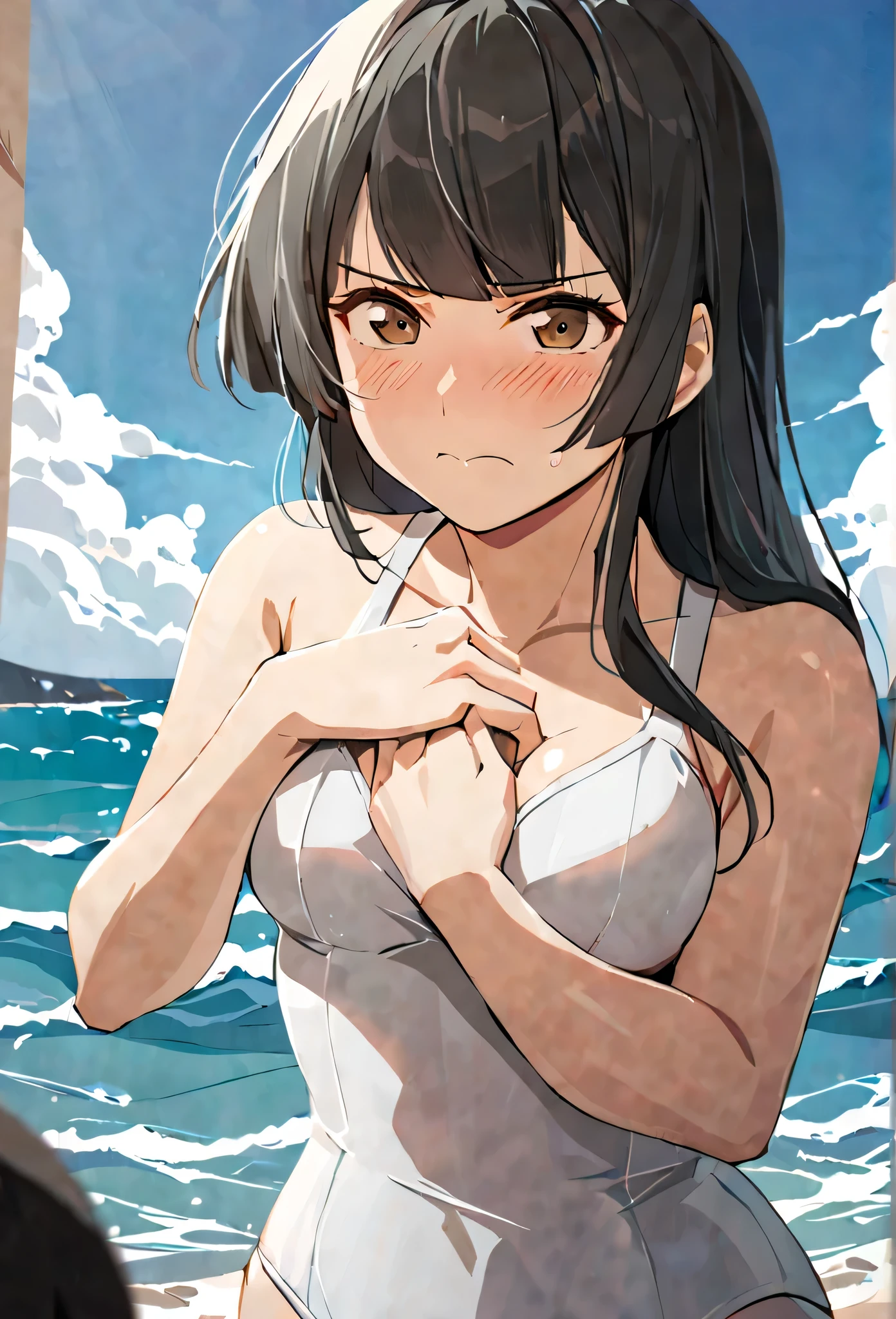 masterpiece,best quality, solo, eda, bangs, black hair, blue sky,cloud, shy expression, blushing expression, embarrassed expression, medium breast, hot, thicc, ocean, water, she is grabing her chest, she was concerned ,she is hiding her chest from others, she is embarassed , she has a medium chest, she is wearing a white swimsuit, serius look, she is wearing swimsuit, she is looking at you, she has serius look on the viewer, closed mouth, she is mild angry at you, sando, cleavage, upper body , she is looking down on you, she is embarrased, she is showing her breast, the viewer is grabbing her breast, dinamic view, dynamic pose