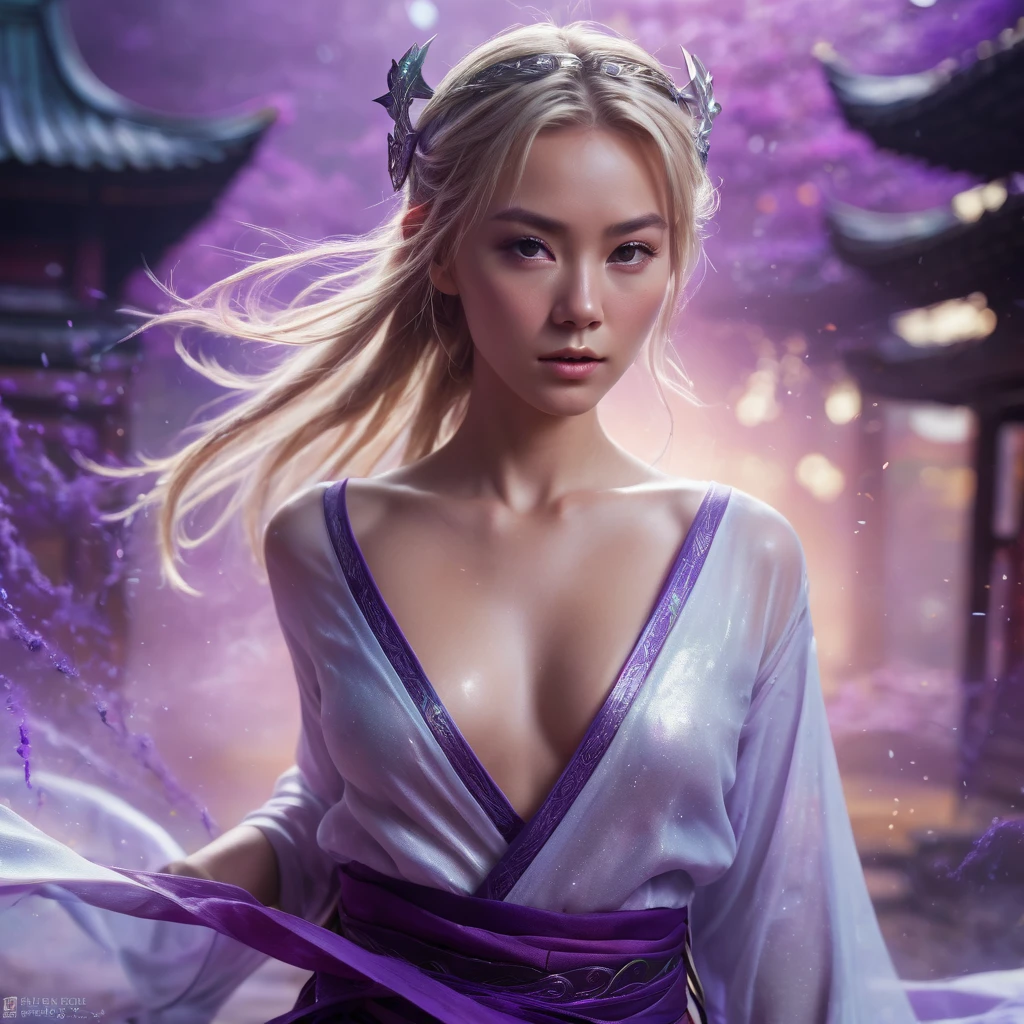 A handsome topless Norwegian girl, sharp eyes, clear facial features, wearing Hanfu, combat posture, martial arts movements, body surrounded by purple mist, runes around, holographic reality, holographic halo, motion blur, game light effects, edge light, soft light, movie edge light, delicate light, masterpiece, super detailed, epic composition, super HD, high quality, highest quality, 32k