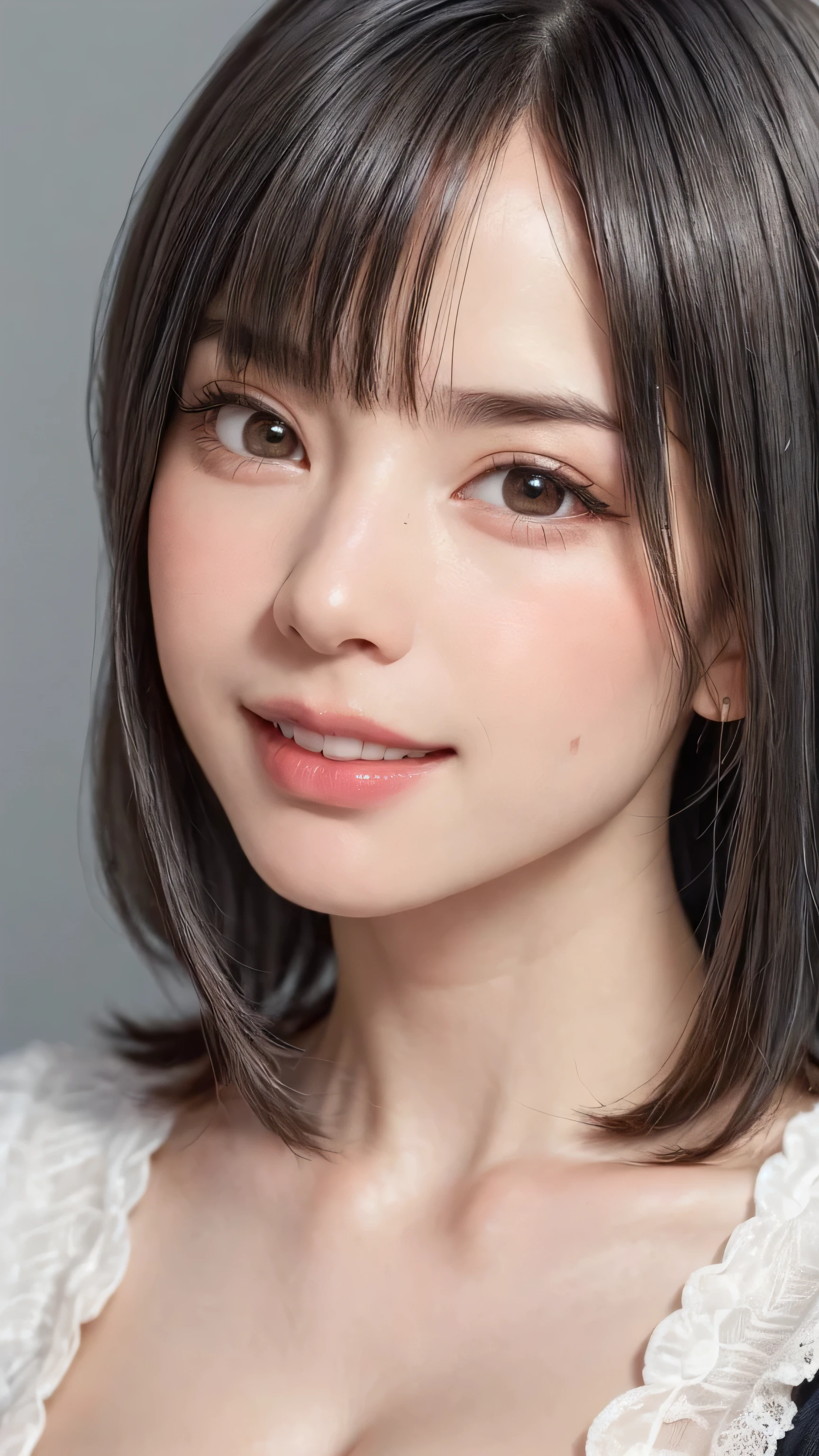 (SFW:1.8、masterpiece, highest quality),1 girl, alone, hyper Realistic, Realistic,Realistic, Looking at the audience, Light brown eyes:1.4,Brunette Short Bob Hair with highly detailed shiny hair, ((A simple white t-shirt))、 Mouth closed, Upper Body、eyelash、 whole :2, Cleavage:2、(((Add highlights to the eyes:1.4、Short Bob Hair、Glowing Skin:1.4、Looking at the audience、She is very 美しい and cute、Show me your ears、Beautiful long neck、smile、Close your mouth and smile、Bangs and beautiful teeth)))、Ideal body type、((Very simple gray gradient background:2))、Beautiful long neck:1.4、((Cleavage:2))、(((Portraiture:2、Face close-up:2、Face close-up:2)))、Perfect Anatomy、A simple silver necklace around the neck、Silver earrings、