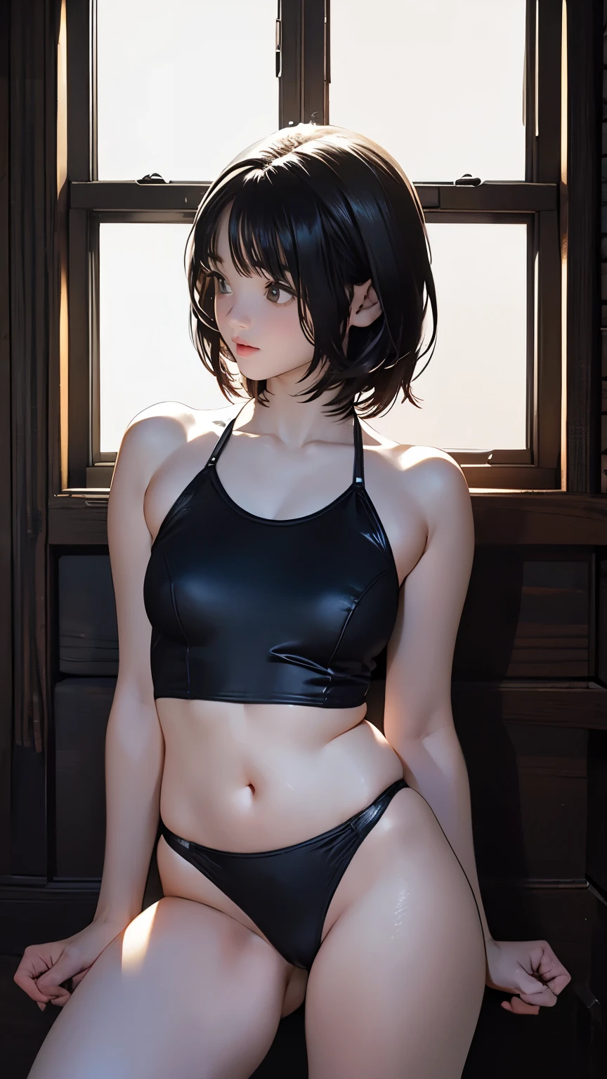 full body shot,Best quality, masterpiece, ultra high res, (photorealistic:1.5), raw photo, 1girl, in the dark, deep shadow, low key, cold light, sexy look, short hair, swimsuit,From the side
