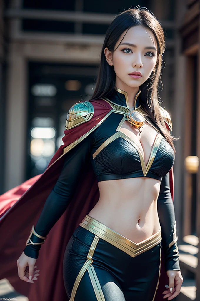 Strong and cool female Doctor Strange photo portrait, 8K, Dark outfits, Dreamy and magical atmosphere, (Sorceress costume, Eye of Agamotto on chest), (white female, Feminine abs), (A beautiful Blue eyes, Dark hair, White Skin, eye liner, False lashes, intense eyes, shining skin, high gloss skin, Constriction, Professional lighting, Belly Navel, a perfect face, Perfect style), (30 years old, adult lady, mystical aura, shading, Back lighting), from front view, Cool Beauty, cow-boy shot, Standing, Face down and looking at the camera, (Flowing red cape), realistic eyes, eyes in beautiful detail, (real-looking-skin), Attractive ultra-high resolution, ultra hyperrealistic, extremely detailed, the golden ratio, Background is a dystopian building street in the evening.