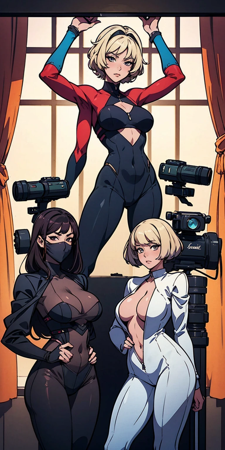 there are three women in lingersuits standing next to a camera, a picture by Kamisaka Sekka, pixiv contest winner, conceptual art, commission for high res, posing for a picture, rule 34, [ 4 k digital art ]!!, neutral pose, illustration 8 k, triad of muses, ecchi anime style, poses for the camera