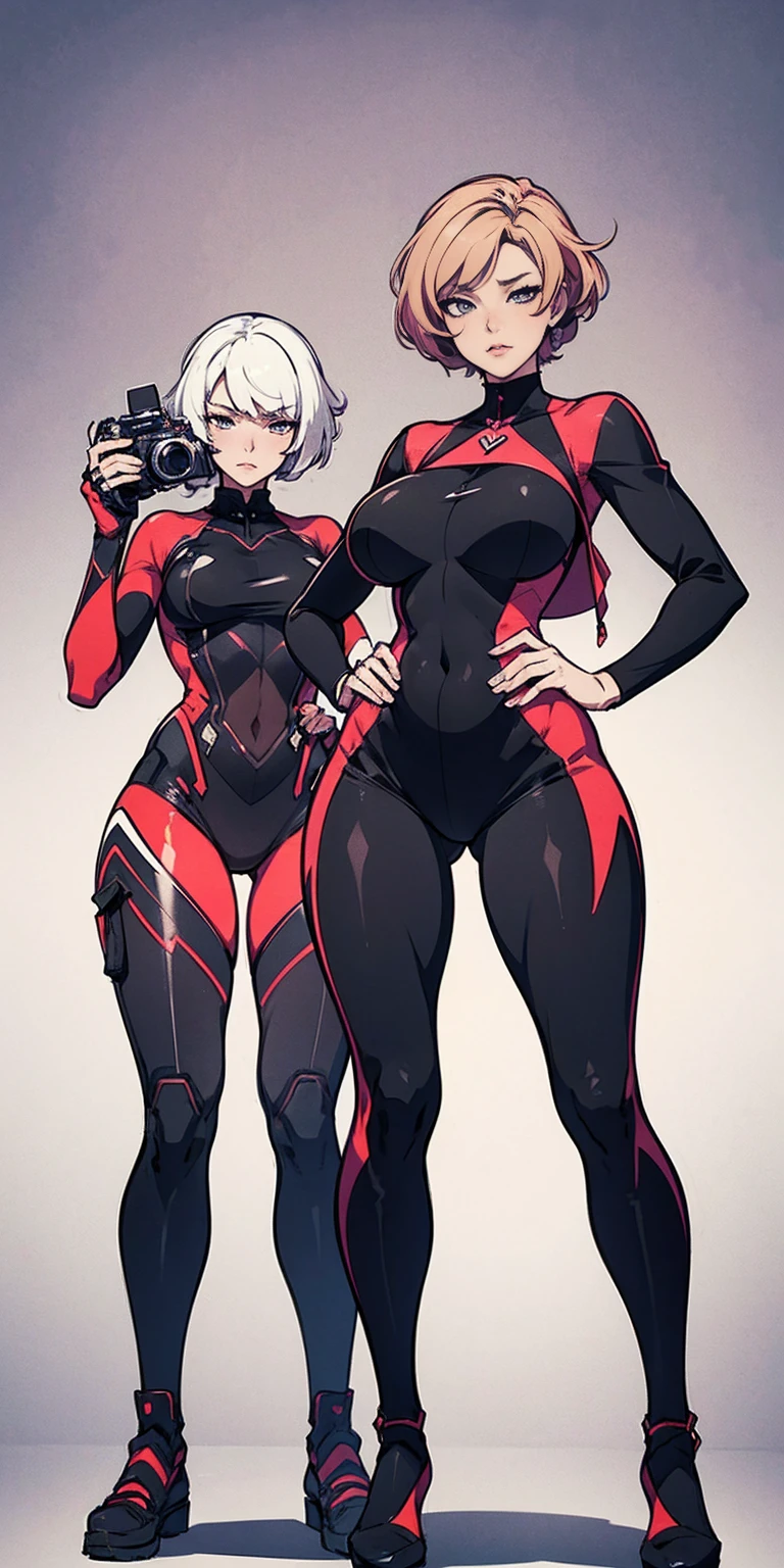 there are three women in lingersuits standing next to a camera, a picture by Kamisaka Sekka, pixiv contest winner, conceptual art, commission for high res, posing for a picture, rule 34, [ 4 k digital art ]!!, neutral pose, illustration 8 k, triad of muses, ecchi anime style, poses for the camera