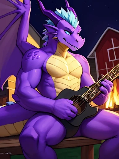 , (((Rampageman 
A purple anthropomorphic male dragon with purple horns, light blue eyes, and light blue spiky hair and yellow torso sitting on the wooden chair with a wooden guitar playing with the guitar outside next to a campfire at night 
With a barn and field in the background,(( rampage, huge , purple dragon with wings and a very tan chest and has hair on his head )) , with a very romantic look and pose))) , big chest , day, , sensual, detailed, uploaded to e621, beautiful and detailed portrait of an anthropomorphic , (((male))) uploaded to e621, zaush, foxovh, movie lighting, thicc, alone, detailed, 8k res, hires, detailed eyes, good anatomy, good perspective, towards viewer, by bebebebebe, by sicklyhypnos, by gerkk, by orf, nice hands, perfect hands, happy, romantic, ray tracing lighting, rtx on, By Bebebebebe, by SpiritD, by KOBITOWANI, b est quality, masterpiece, perfect anatomy, detai led picture)), 1femboy, , sexy body, fluffy tail, shy, horny, romantic, up close, wearing not a single bit of clothing, huge thighs, Rampageman 
A purple anthropomorphic male dragon with purple horns, light blue eyes, and light blue spiky hair and yellow torso sitting on the wooden chair with a wooden guitar playing with the guitar outside next to a campfire at night 
With a barn and field in the background,   Rampageman 
A purple anthropomorphic male dragon with purple horns, light blue eyes, and light blue spiky hair and yellow torso sitting on the wooden chair with a wooden guitar playing with the guitar outside next to a campfire at night 
With a barn and field in the background