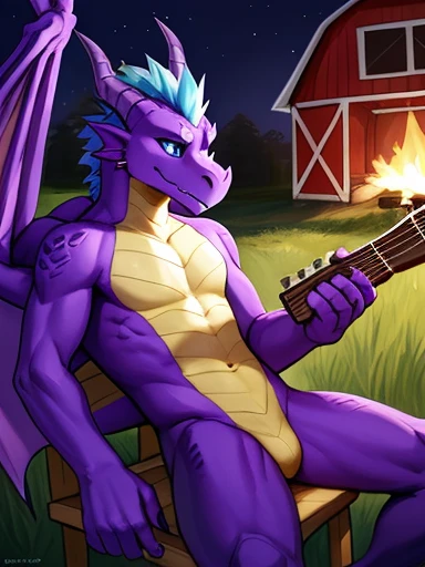 , (((Rampageman 
A purple anthropomorphic male dragon with purple horns, light blue eyes, and light blue spiky hair and yellow torso sitting on the wooden chair with a wooden guitar playing with the guitar outside next to a campfire at night 
With a barn and field in the background,(( rampage, huge , purple dragon with wings and a very tan chest and has hair on his head )) , with a very romantic look and pose))) , big chest , day, , sensual, detailed, uploaded to e621, beautiful and detailed portrait of an anthropomorphic , (((male))) uploaded to e621, zaush, foxovh, movie lighting, thicc, alone, detailed, 8k res, hires, detailed eyes, good anatomy, good perspective, towards viewer, by bebebebebe, by sicklyhypnos, by gerkk, by orf, nice hands, perfect hands, happy, romantic, ray tracing lighting, rtx on, By Bebebebebe, by SpiritD, by KOBITOWANI, b est quality, masterpiece, perfect anatomy, detai led picture)), 1femboy, , sexy body, fluffy tail, shy, horny, romantic, up close, wearing not a single bit of clothing, huge thighs, Rampageman 
A purple anthropomorphic male dragon with purple horns, light blue eyes, and light blue spiky hair and yellow torso sitting on the wooden chair with a wooden guitar playing with the guitar outside next to a campfire at night 
With a barn and field in the background,   Rampageman 
A purple anthropomorphic male dragon with purple horns, light blue eyes, and light blue spiky hair and yellow torso sitting on the wooden chair with a wooden guitar playing with the guitar outside next to a campfire at night 
With a barn and field in the background