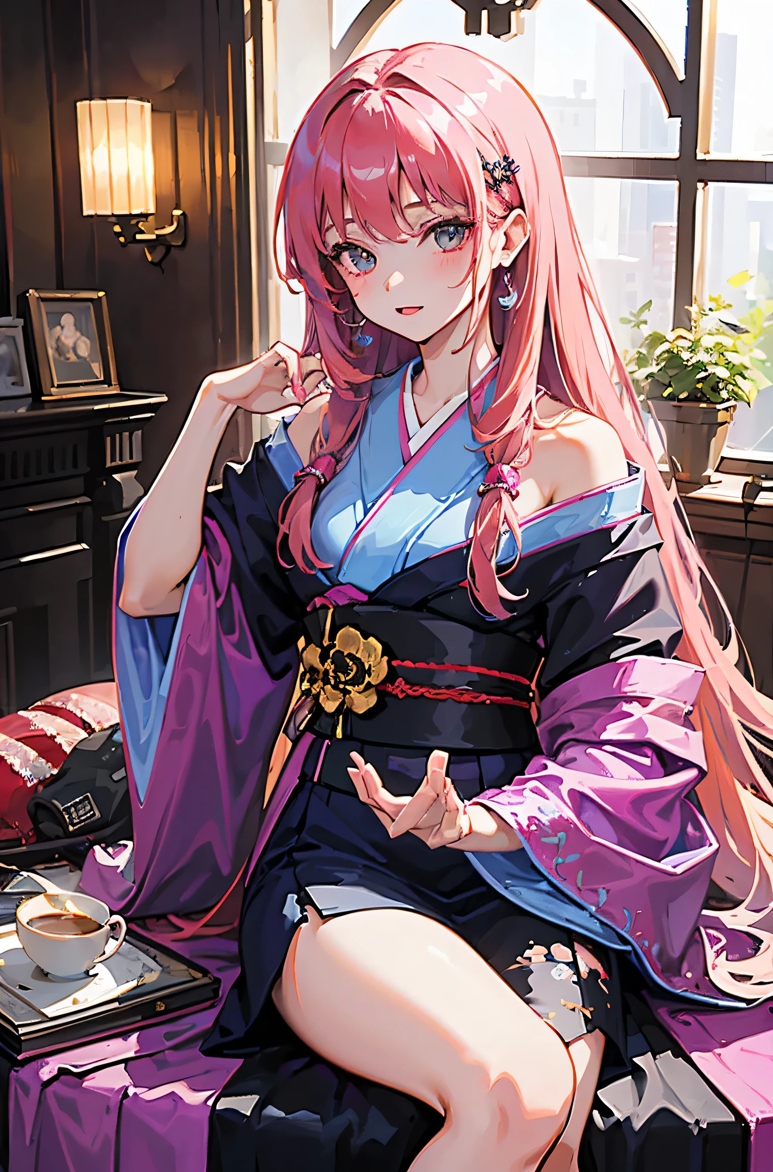 (masterpiece, highest quality), ((One girl, alone, Long Hair)), Tattoo,Earrings,Gothic Girl,Pink Hair,kimono