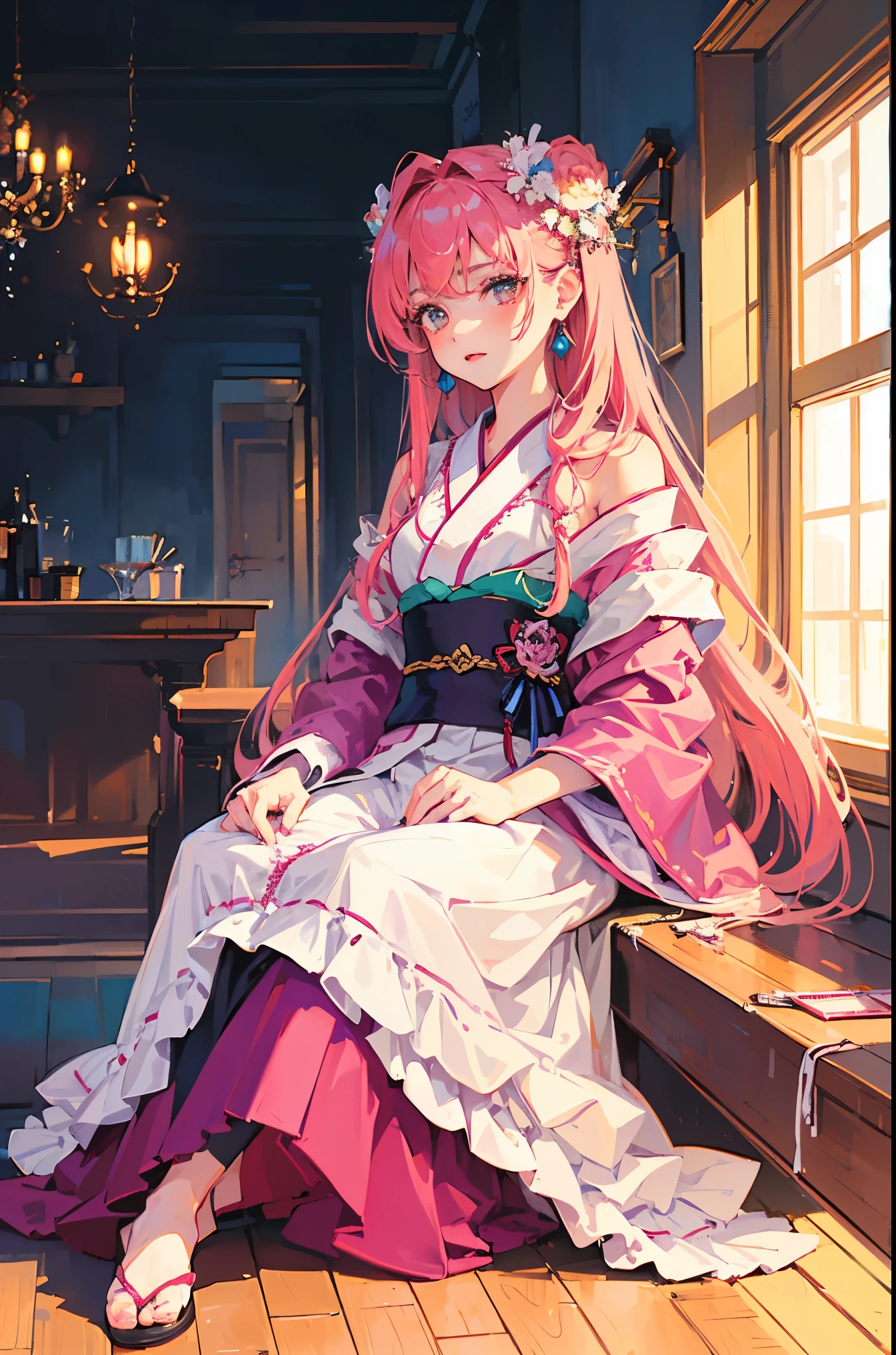 (masterpiece, highest quality), ((One girl, alone, Long Hair)), Tattoo,Earrings,Gothic Girl,Pink Hair,kimono