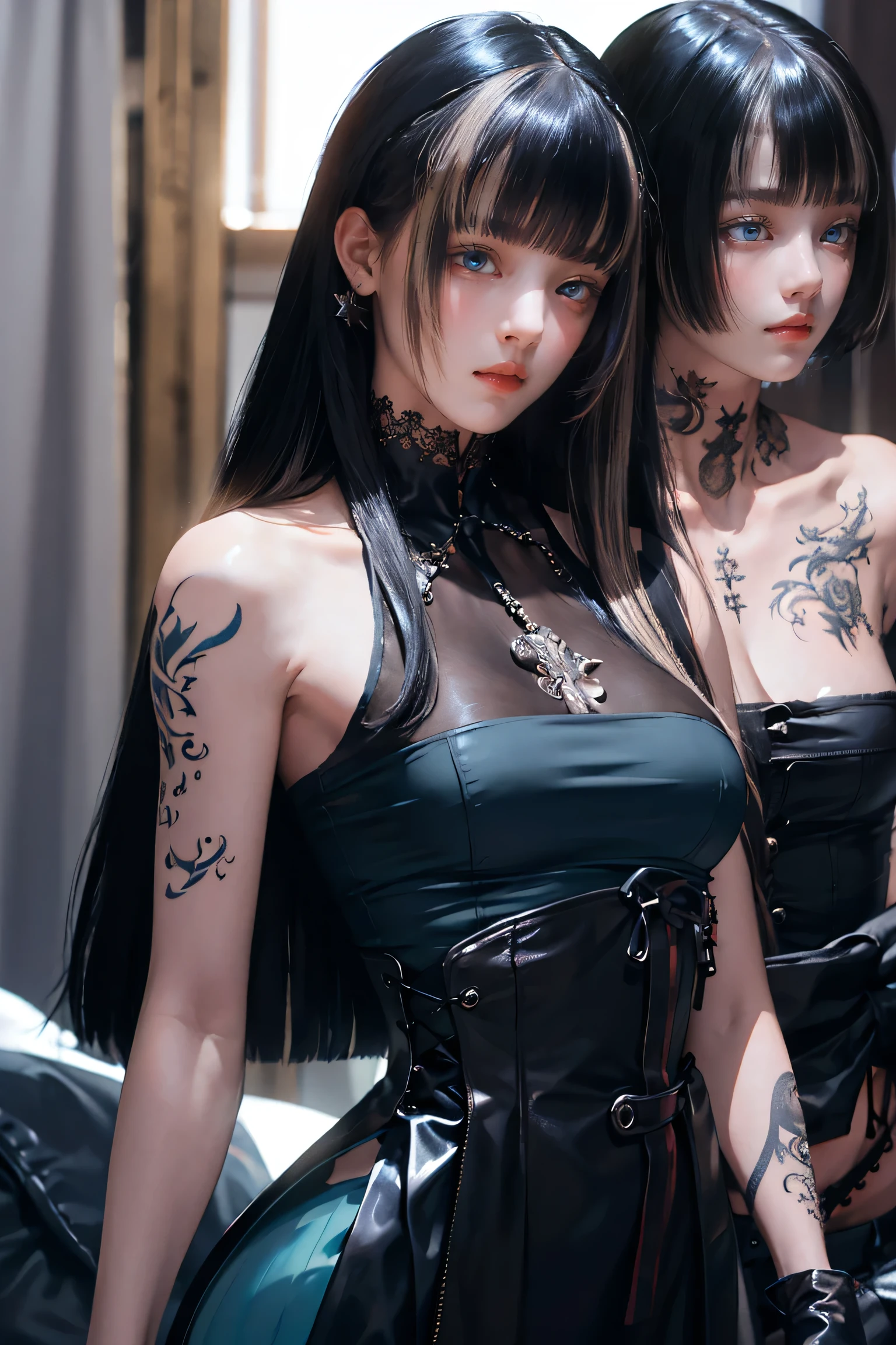 Beautiful Gothic ta Girl, Silky black hair in braids, blue eyes, Thin lips, Round face, Small and flat chest, 18 year old loliRelax in gothic style clothing，(((He has many tattoos all over his body)), (((Tight waist))), ((Big Breasts)),((See through))，panties，