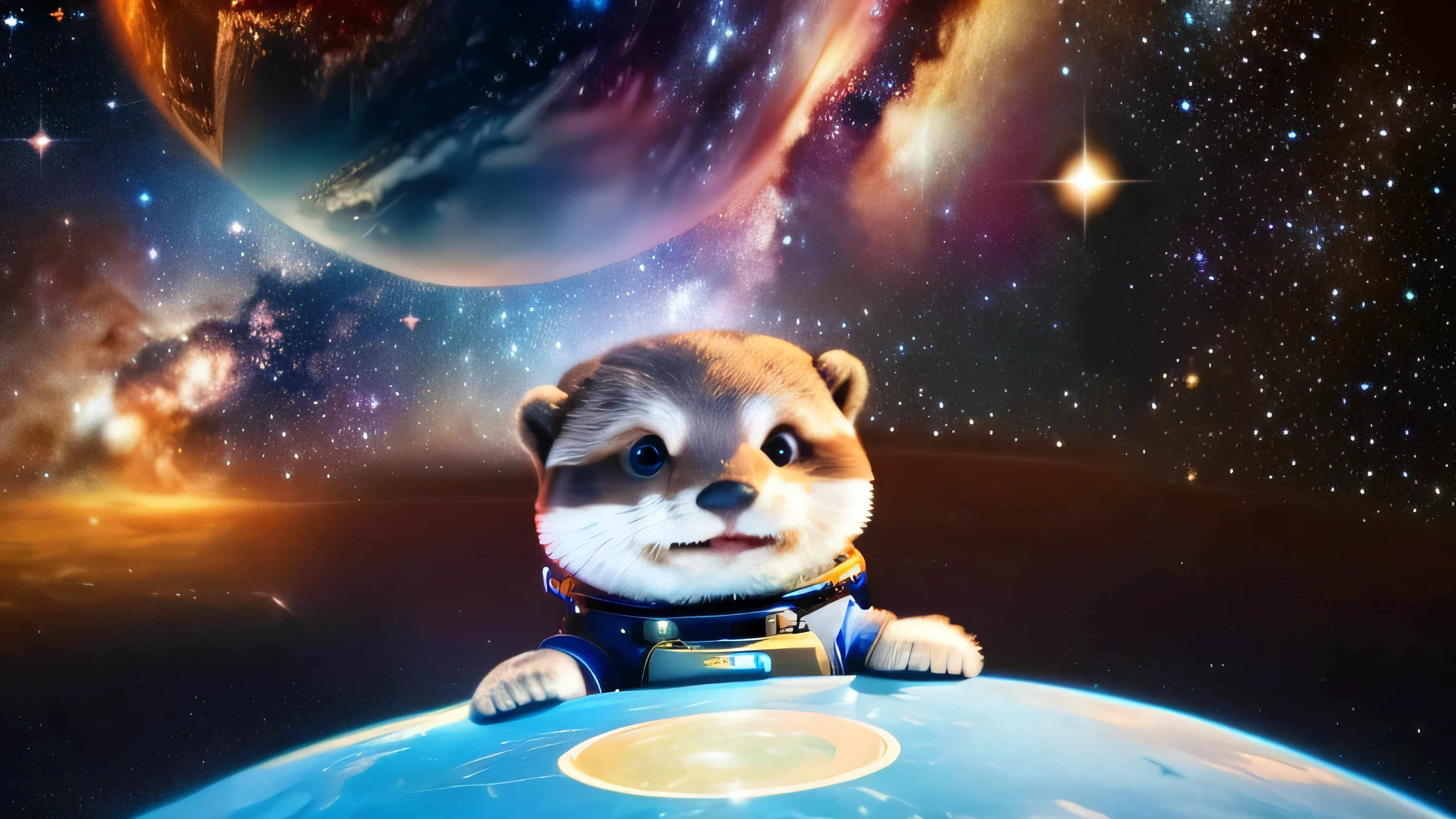 there is a cartoon otter in a space suit writing code on his laptop, outer space, outerspace, outer space, anthropomorphic otter in costume, in outer space, cute otter, otter wearing a spacesuit, anthropomorphic furry otter, from outer space, dreaming of outer space, fantasy otter love, otter, cute otter sailor eat cake, beautiful galaxies and bright stars in the background