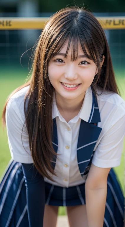 Enhanced dynamic perspective,Cute cute beautiful girl,thin JK ,Look at me and smile,simple backgound,Works of masters,high quarity,Girls' Schools、4K resolution,super-fine,Detailed pubic hair,precise,Cinematic lighting,Volleyball Club、Leaves the original facial proportions、(large full breasts)、((buttonGap))、crouching down、long hair tied