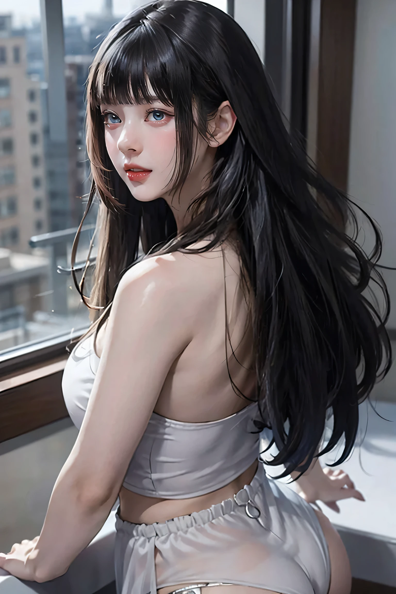 View from behind、(Realistic painting style:0.9), Tabletop, One Girl, alone, chest, Long Hair, ((Black see-through dress)), Grey Hair, Chest cleavage, View your viewers, smile, Mouth closed, bangs, Blue eyes, Big Breasts, Expose your shoulders, Large chest, Sexy pose、View from behind,Sexy Style,((Her butt is visible through her panties)),(Thong)