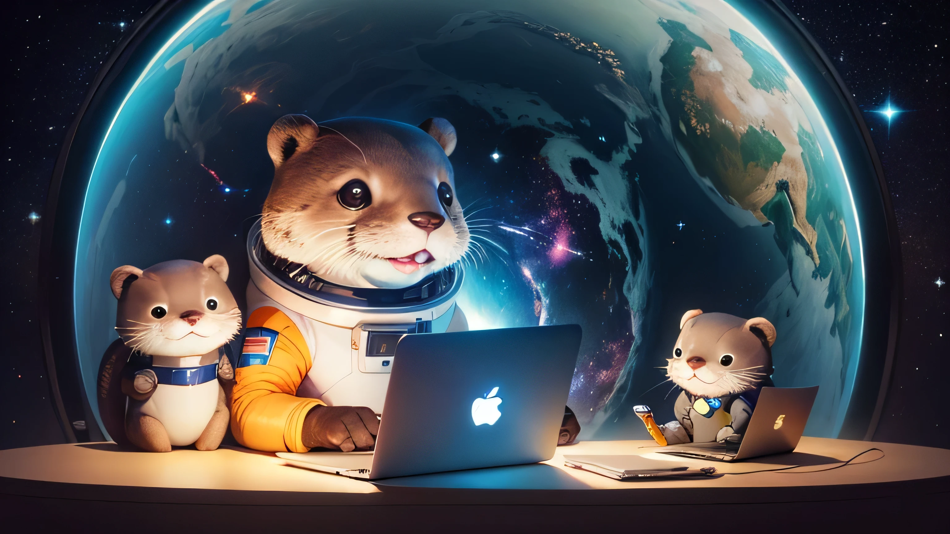 there is a cartoon otter in a space suit typing on his Macbook Pro, outer space, outerspace, outer space, anthropomorphic otter in costume, in outer space, cute otter, otter wearing a spacesuit, anthropomorphic furry otter, from outer space, dreaming of outer space, fantasy otter love, otter, cute otter sailor eat cake, beautiful galaxies and bright stars in the background