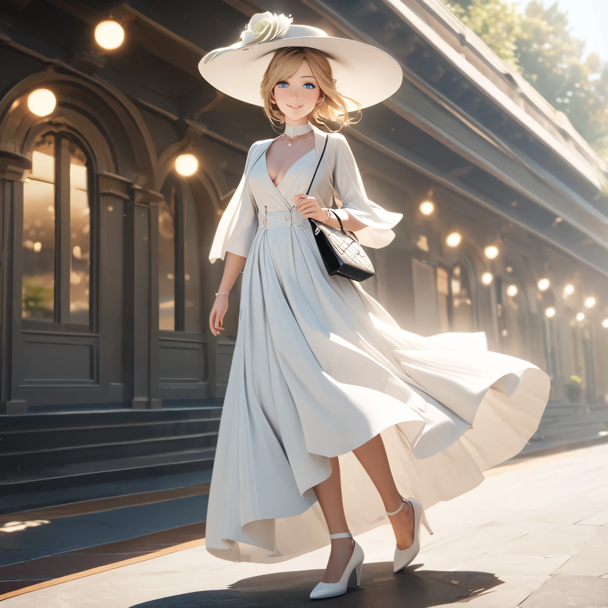 A woman wearing sophisticated white dress, with exposed leg, blonde hair, blue eyes, smiling, white madam's hat, white heels, walking on a sophisticated London promenade, holding a luxury handbag, wearing sunglasses, daytime location with realistic lighting, very detailed track,atmospheric perspective, 8k, superdetail, accurate, best quality, full body, award-winning, textured skin, high resolution, anatomically correct, bokeh effect, ((solo woman).
