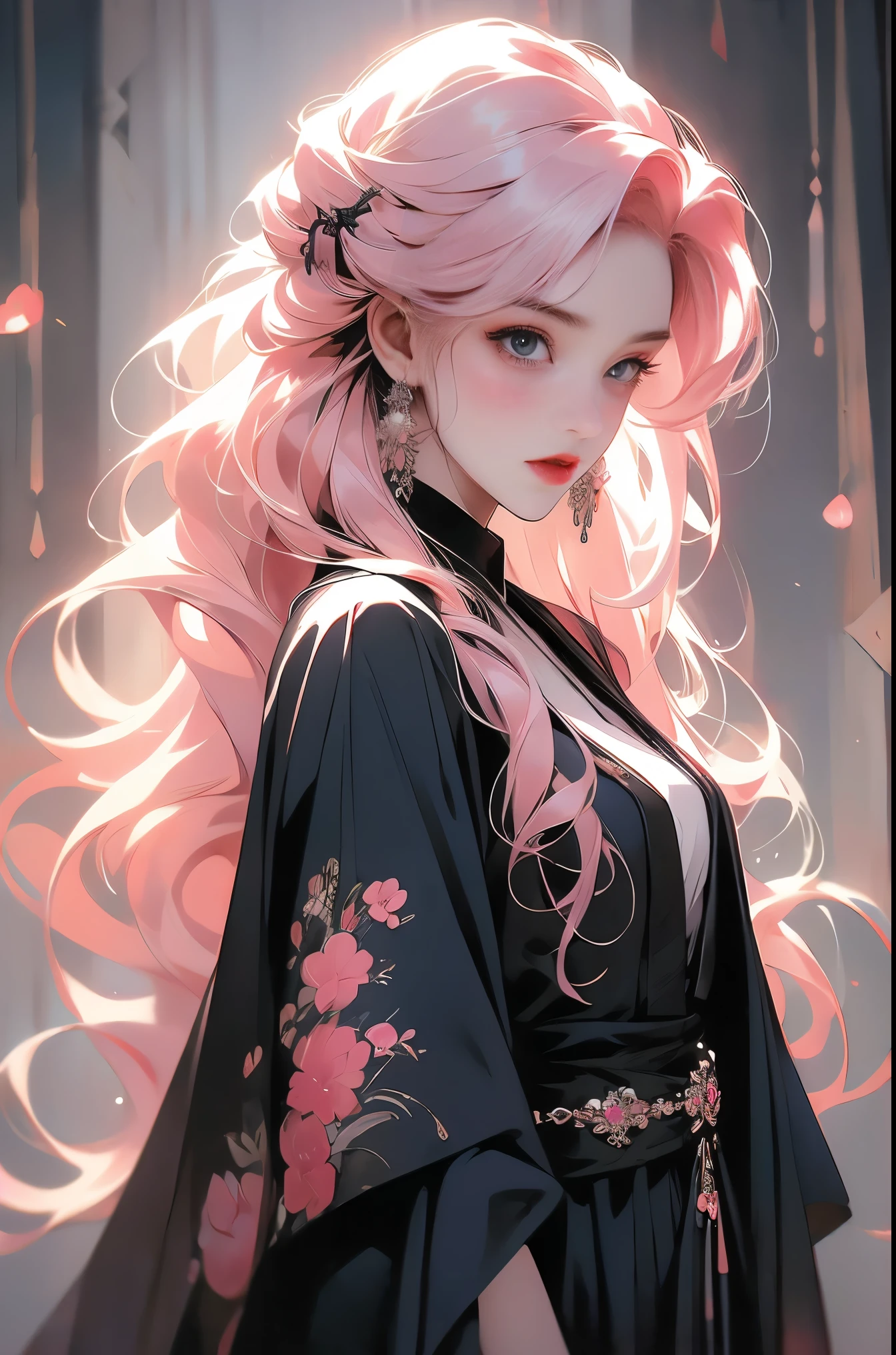 (masterpiece, highest quality), ((One girl, alone, Long Hair)), Tattoo,Earrings,Gothic Girl,Pink Hair,kimono