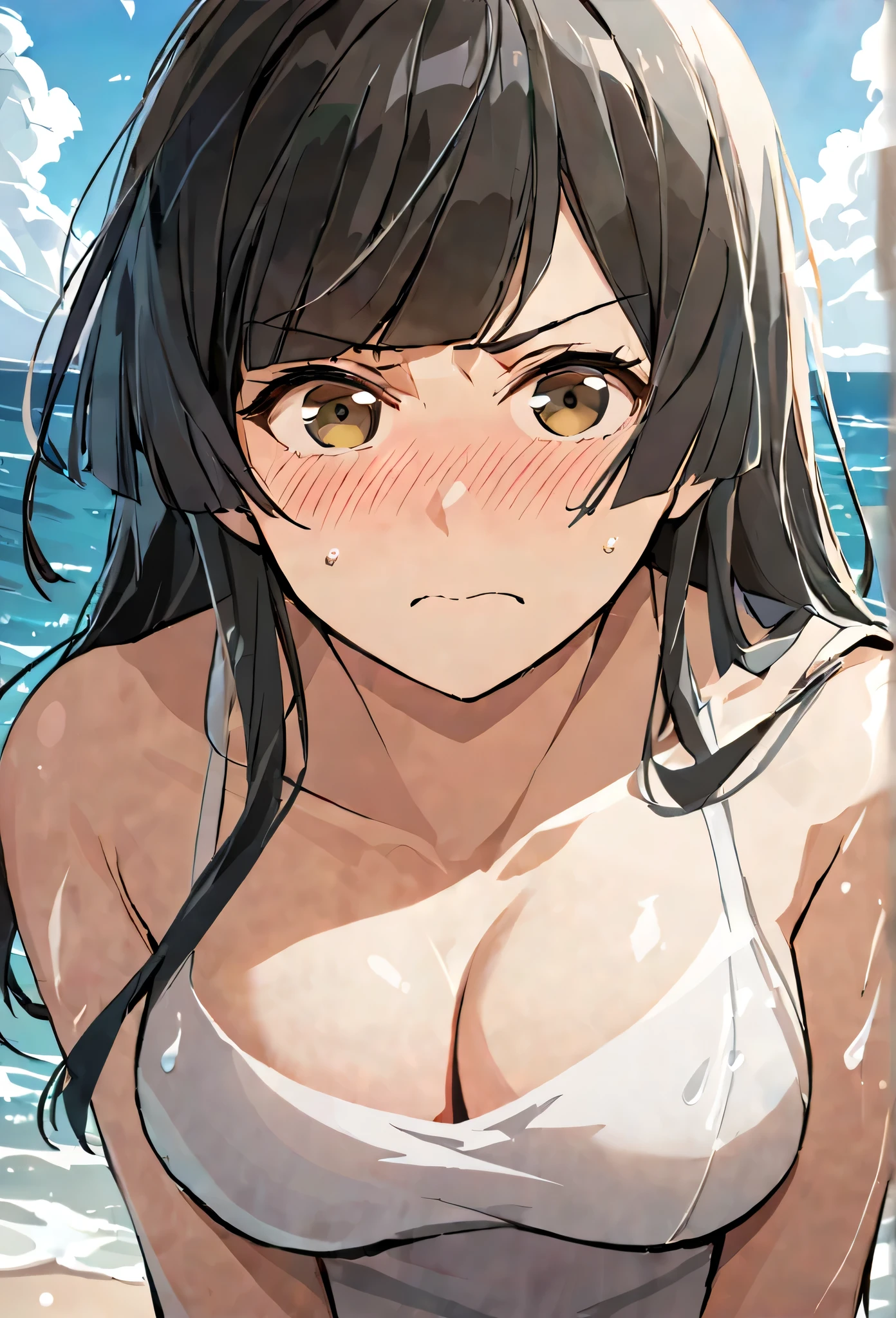masterpiece,best quality, solo, eda, bangs, black hair, blue sky,cloud, shy expression, blushing expression, embarrassed expression, medium breast, hot, thicc, ocean, water, she is grabing her chest, she was concerned ,she is hiding her chest from others, she is embarassed , she has a medium chest, she is wearing a white swimsuit, serius look, she is wearing swimsuit, she is looking at you, she has serius look on the viewer, closed mouth, she is mild angry at you, sando, cleavage, upper body , she is looking down on you, she is embarrased, she is hiding her breast, dinamic view, dynamic pose, back view, she is looking back at the viewer