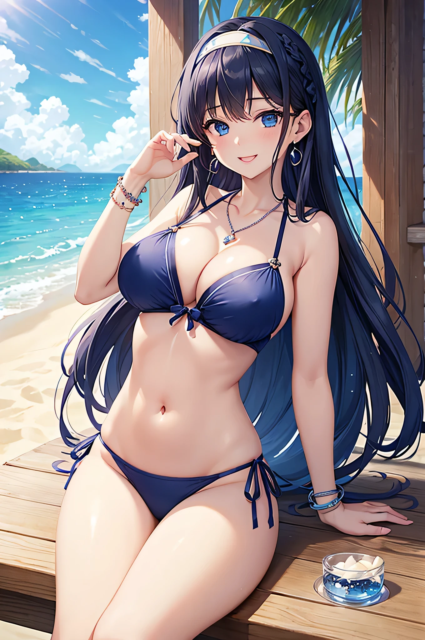 highest quality、Highest quality、masterpiece、Beauty、Navy blue long hair、blue eyes、Navy Blue Bikini、Big cleavage、(Big Breasts),(smile)、blue necklace、Blue Earrings、background(Beach)、Please open your mouth wide、White headband、bracelet、Put your chest close