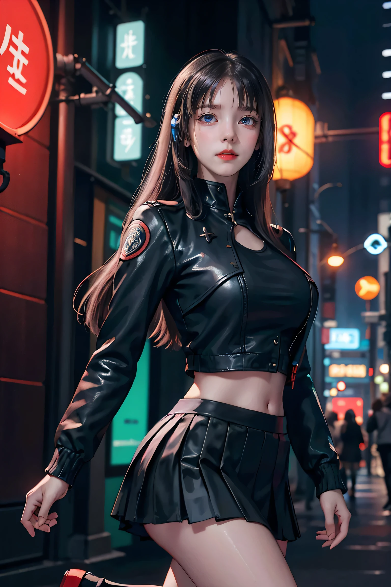 Better Quality, Realist, Award-Winning Illustration, (Intricate details: 1.2), (Fine Detail), (Intricate details), (Cininatic Lights, Better Quality Backlight), Crisp Lines, Sharp focus, Official Art, unity wallpaper 8k, Absurd, unbelievably Absurd, Huge file sizes, Ultra- (in_main_two:1.21), (Neon lamp), Fantasy art, RTX,((triangle closeup photo by award winning studio )), 1 girl, so beautiful, (run away), small , ((two da cidade cyberpunk, Valkyrie)), Perfect hands, Beautiful and fine details, Perfect Face, (Cyberpunk Blouse, leather jacket, Martin boots) ,,(Headphones_in volta_hair),((Pleated skirt) ), ((Supermodel posture)),((Big Breasts)),(See through)