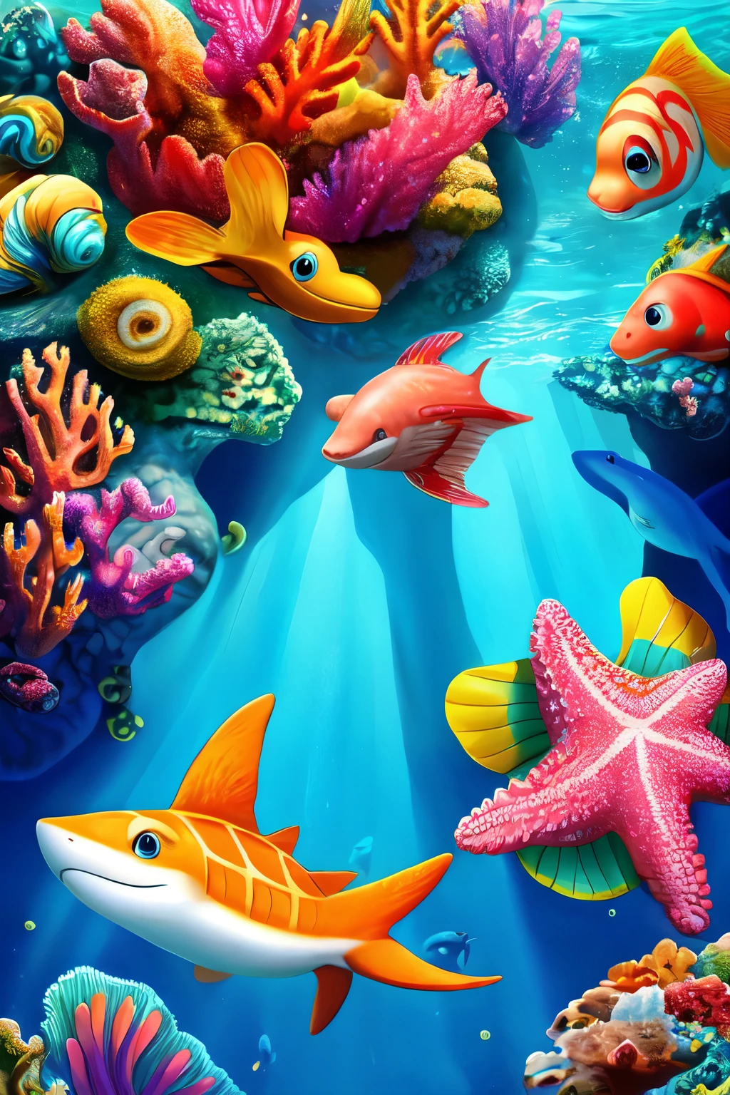 starfish, seahorses, colorful fish, friendly shark, turtles, corals, snail, harmonic seabed, with bright colors for children, very realistic animal eyes and face, horizontal image