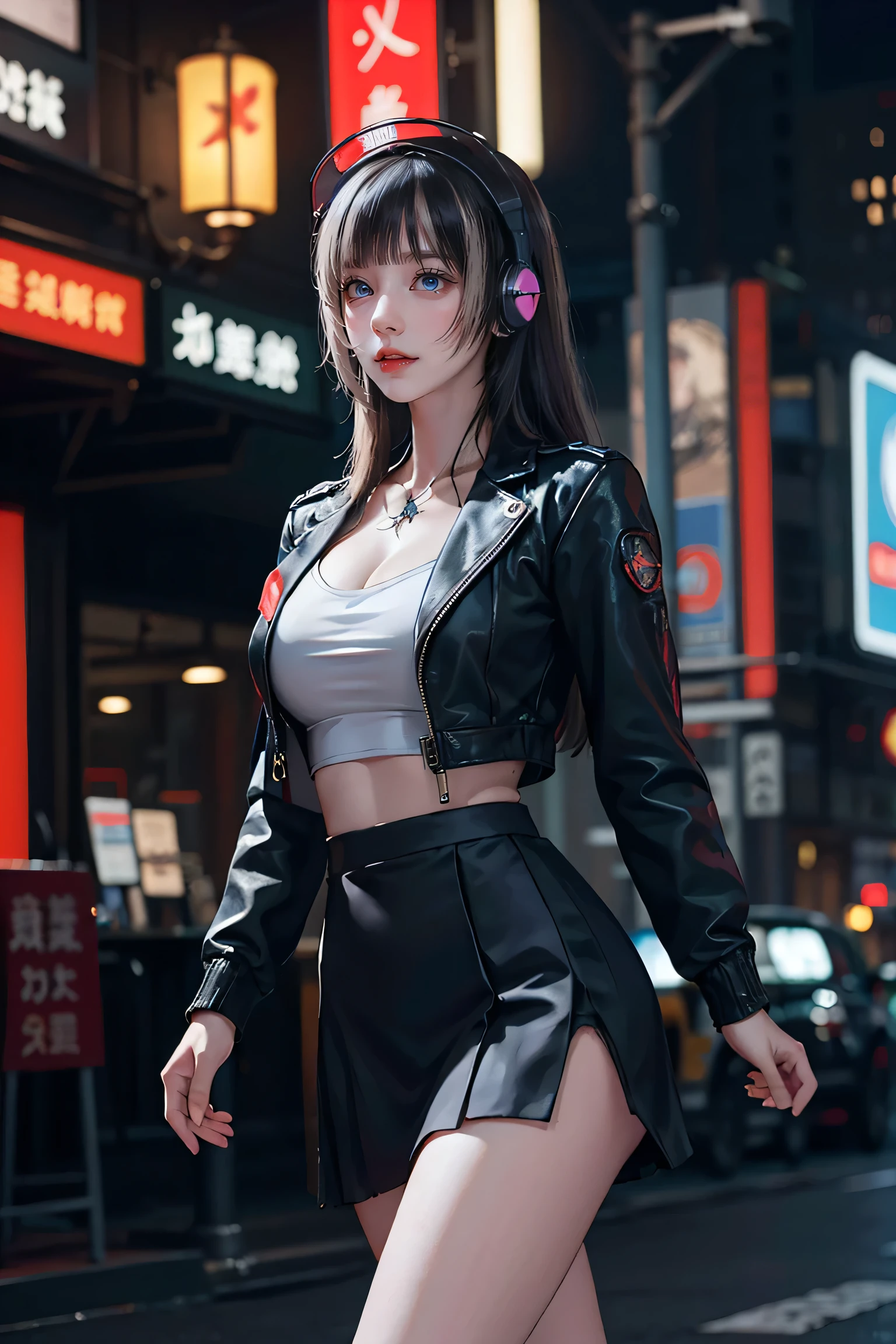 Better Quality, Realist, Award-Winning Illustration, (Intricate details: 1.2), (Fine Detail), (Intricate details), (Cininatic Lights, Better Quality Backlight), Crisp Lines, Sharp focus, Official Art, unity wallpaper 8k, Absurd, unbelievably Absurd, Huge file sizes, Ultra- (in_main_two:1.21), (Neon lamp), Fantasy art, RTX,((triangle closeup photo by award winning studio )), 1 girl, so beautiful, (run away), small , ((two da cidade cyberpunk, Valkyrie)), Perfect hands, Beautiful and fine details, Perfect Face, (Cyberpunk Blouse, leather jacket, Martin boots) ,,(Headphones_in volta_hair),((Pleated skirt) ), ((Supermodel posture)),((Big Breasts)),(See through)