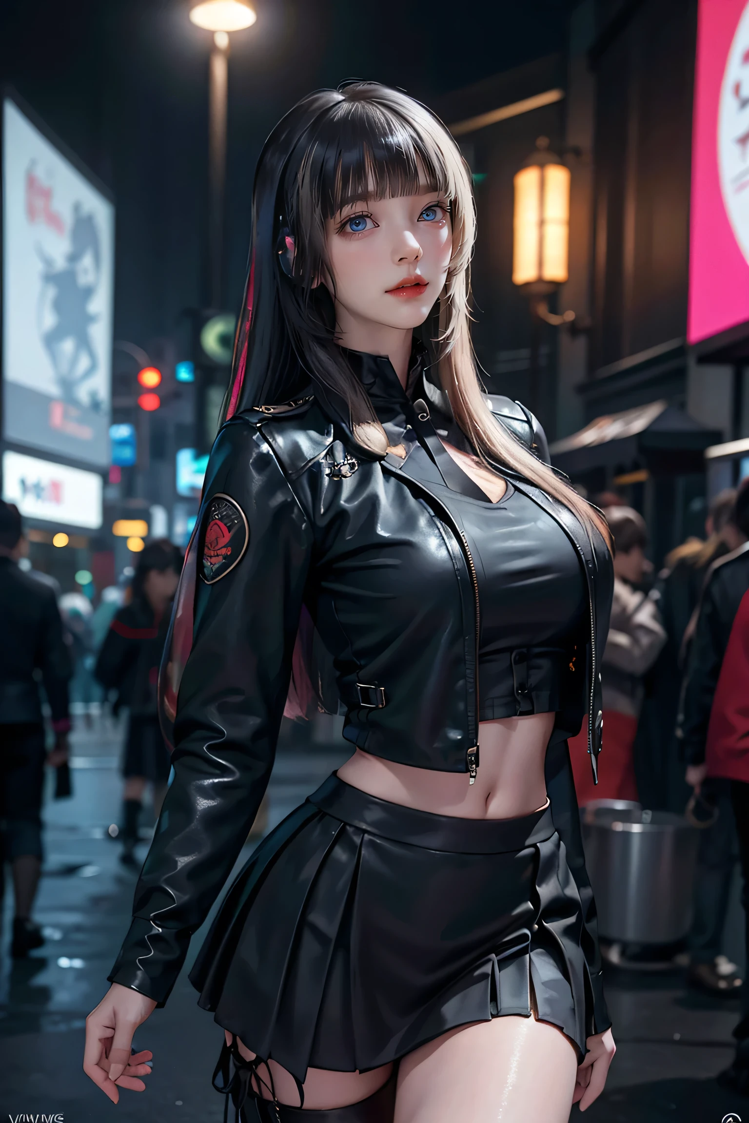 Better Quality, Realist, Award-Winning Illustration, (Intricate details: 1.2), (Fine Detail), (Intricate details), (Cininatic Lights, Better Quality Backlight), Crisp Lines, Sharp focus, Official Art, unity wallpaper 8k, Absurd, unbelievably Absurd, Huge file sizes, Ultra- (in_main_two:1.21), (Neon lamp), Fantasy art, RTX,((triangle closeup photo by award winning studio )), 1 girl, so beautiful, (run away), small , ((two da cidade cyberpunk, Valkyrie)), Perfect hands, Beautiful and fine details, Perfect Face, (Cyberpunk Blouse, leather jacket, Martin boots) ,,(Headphones_in volta_hair),((Pleated skirt) ), ((Supermodel posture)),((Big Breasts)),(See through)