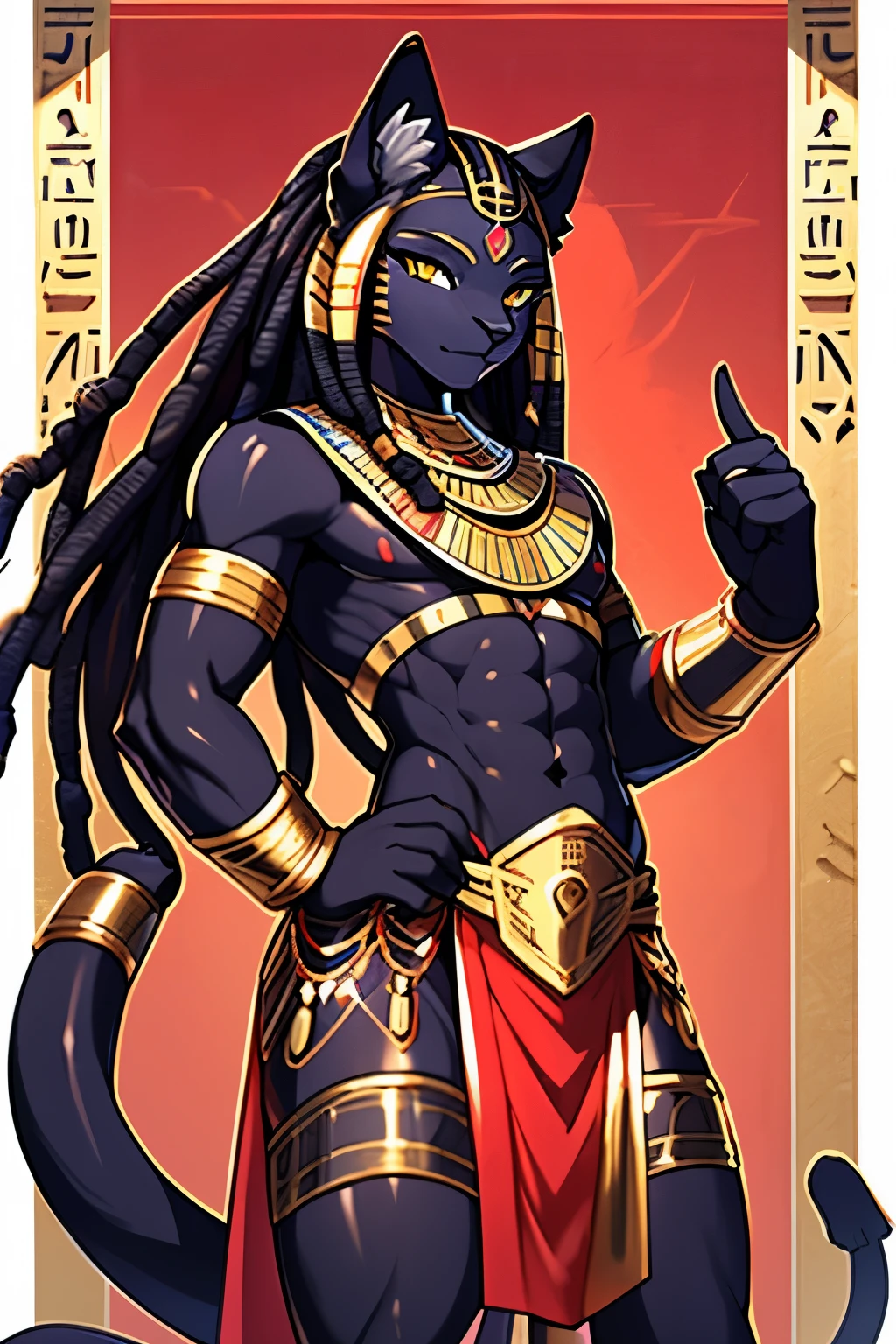 Toned fit panther, rubber, male but femenine, girly face, Egyptian, shiny smooth skin, pink nipples, gold painted, Bastet, loincloth, long dreadlocks, sfw, red mist, animation style, safe anatomy