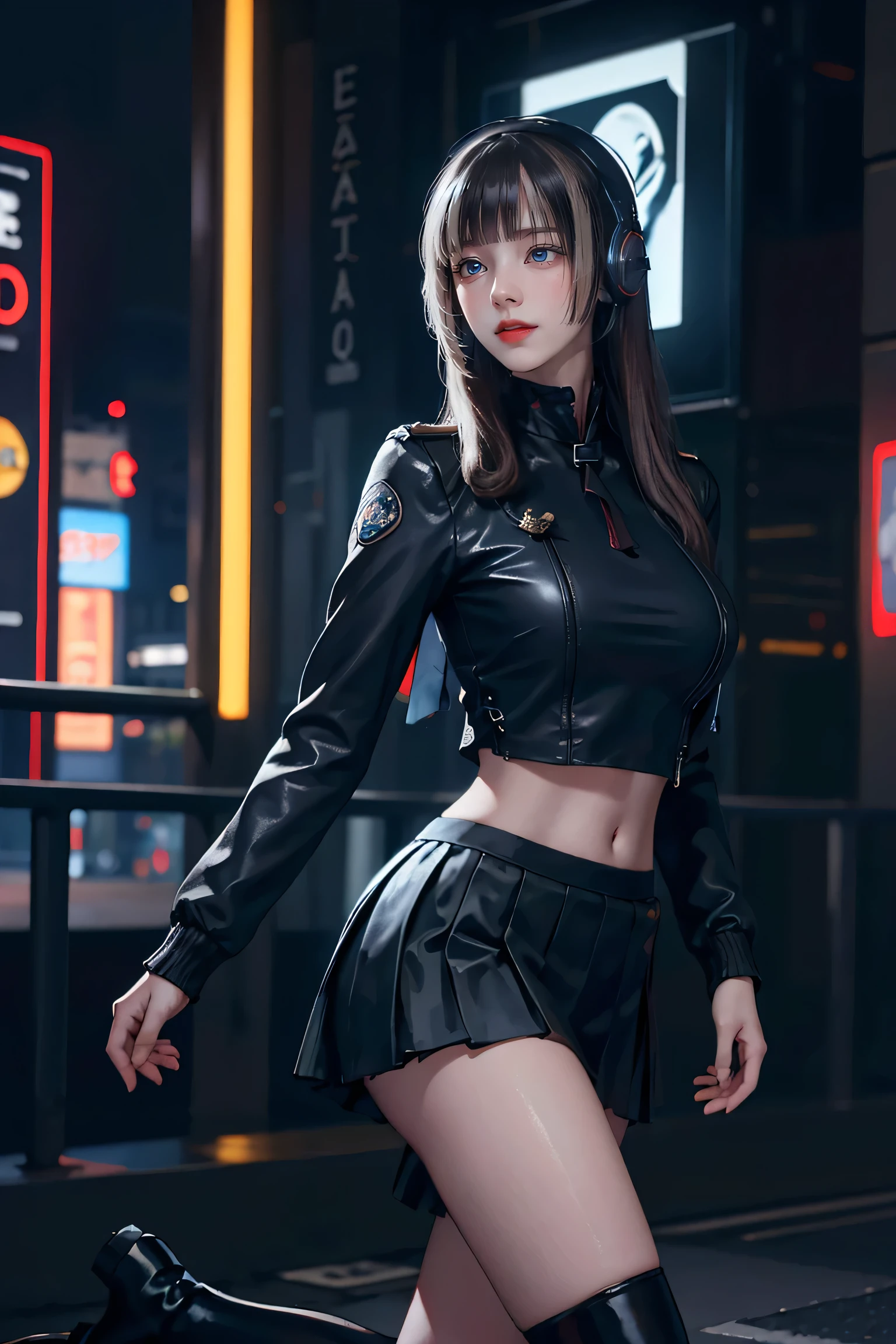 Better Quality, Realist, Award-Winning Illustration, (Intricate details: 1.2), (Fine Detail), (Intricate details), (Cininatic Lights, Better Quality Backlight), Crisp Lines, Sharp focus, Official Art, unity wallpaper 8k, Absurd, unbelievably Absurd, Huge file sizes, Ultra- (in_main_two:1.21), (Neon lamp), Fantasy art, RTX,((triangle closeup photo by award winning studio )), 1 girl, so beautiful, (run away), small , ((two da cidade cyberpunk, Valkyrie)), Perfect hands, Beautiful and fine details, Perfect Face, (Cyberpunk Blouse, leather jacket, Martin boots) ,,(Headphones_in volta_hair),((Pleated skirt) ), ((Supermodel posture)),((Big Breasts)),(See through)