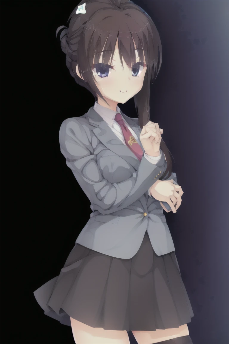 1girl,solo,dark_blown_hair,(ponytail_hair:1.2),smile,school_uniform,cute_school_uniform,navy_blue_blazer,shirt,necktie,skirt,pleated_skirt,pantyhose,stockings,expensive_solve, clear_image, expensive_Contrast, 8k, Sparkling, beautiful_detailed_face_and_eye, (Dark Brown Hair:1.25), 白 eye,