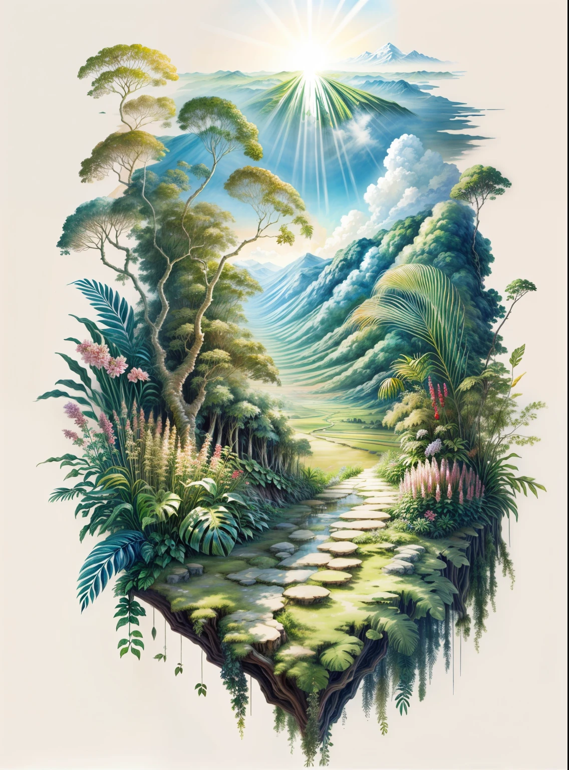 Natural and organic depictions of vast landscapes，Sky and steppe，Flower Arrangement，cloud，Strong wind，Featuring earth tones and botanical patterns，Disconnect from nature and environment，Influenced by botanical illustrations or environmental art，Soft Light,(warm color:1.15),Finest quality fine details,Rendering，Rainforest，Tropical plants，fern