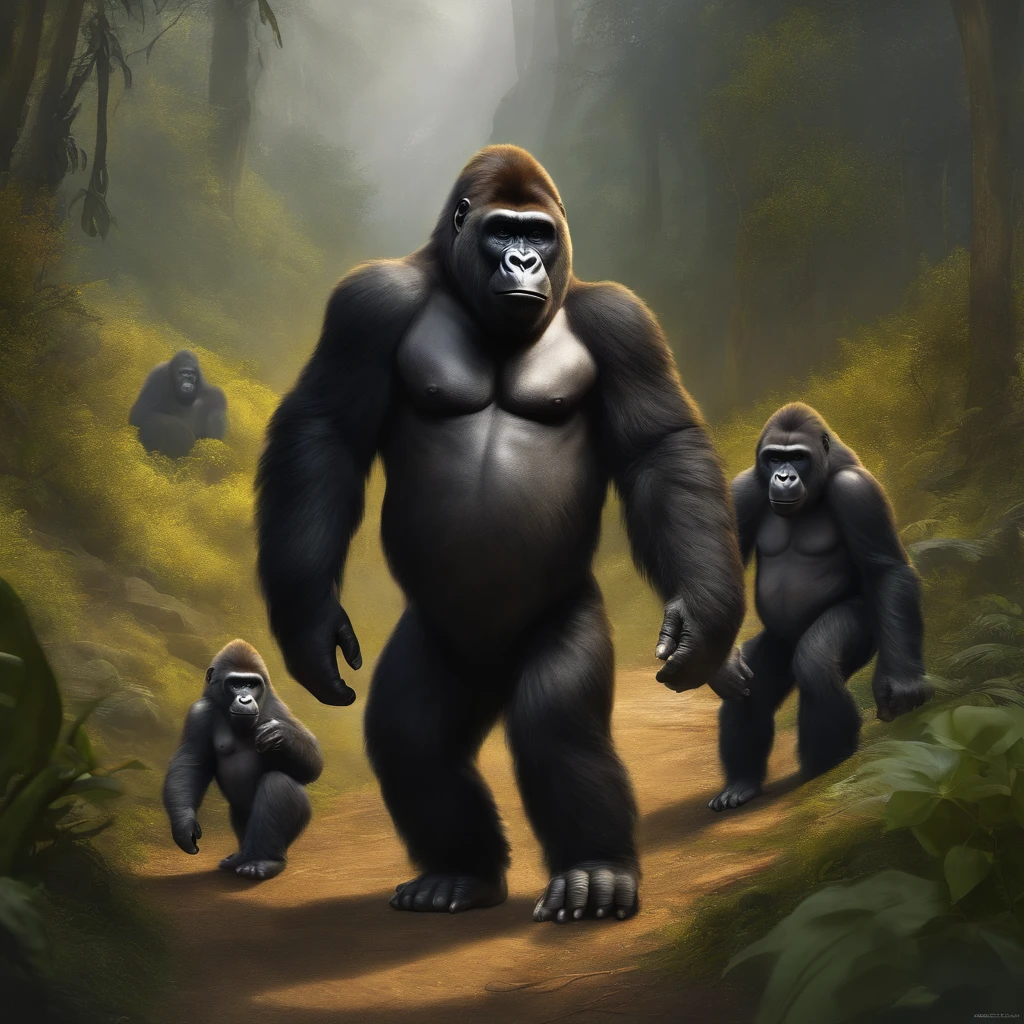 un gorille male un peu perdu ( ( Concept Art de personnage ) ), Whole-body character drawing real very big gorilla with three baby gorilla yellow skin with mather eating real vegetable real tow ride motorbike with forest and waterfall background
