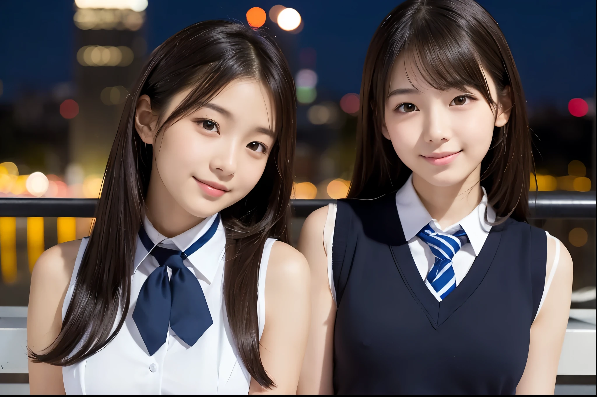 Sleeveless uniforms　Very detailed　Amazingly high quality　Very high quality　smile　photograph　3 Japanese girls　Each girl has a different hairstyle randomly　　Fair skin　16 years old　((Half-open lips:1.3))　Beautiful and soft skin　((Beautifully styled straight short hair))  Beautiful and perfect body　Surprisingly very cute　Beautiful young man with clear skin々New Skins　16 years old　(A high school girl wearing a thin camisole:1.3 ) Big Breasts　whole body　Everyday City　A lively city　　((night))　audience&#39;perspective　　Front view　　(Big Breasts:1.3)   (Cleavage)　(Amazingly cute girl:1.3)　　(whole bodyポートレート)　