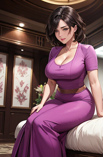 最high quality, 8K, Masseter area, energetic, Clear focus, high quality, high resolution, Middle-aged women, Beautiful woman, 35 years old, (Full Body Ezbian), (High heels facial details, Very detailed eyes, thick lips, ((looking at the audience)), Full figure, beautiful hairstyle, (((Large Breasts、Breast sagging、Low-cut,Cleavage ,Wide hips,)))((Long legs)),Hourglass figure)),, Colorful patterned dress、The background is a nearby park