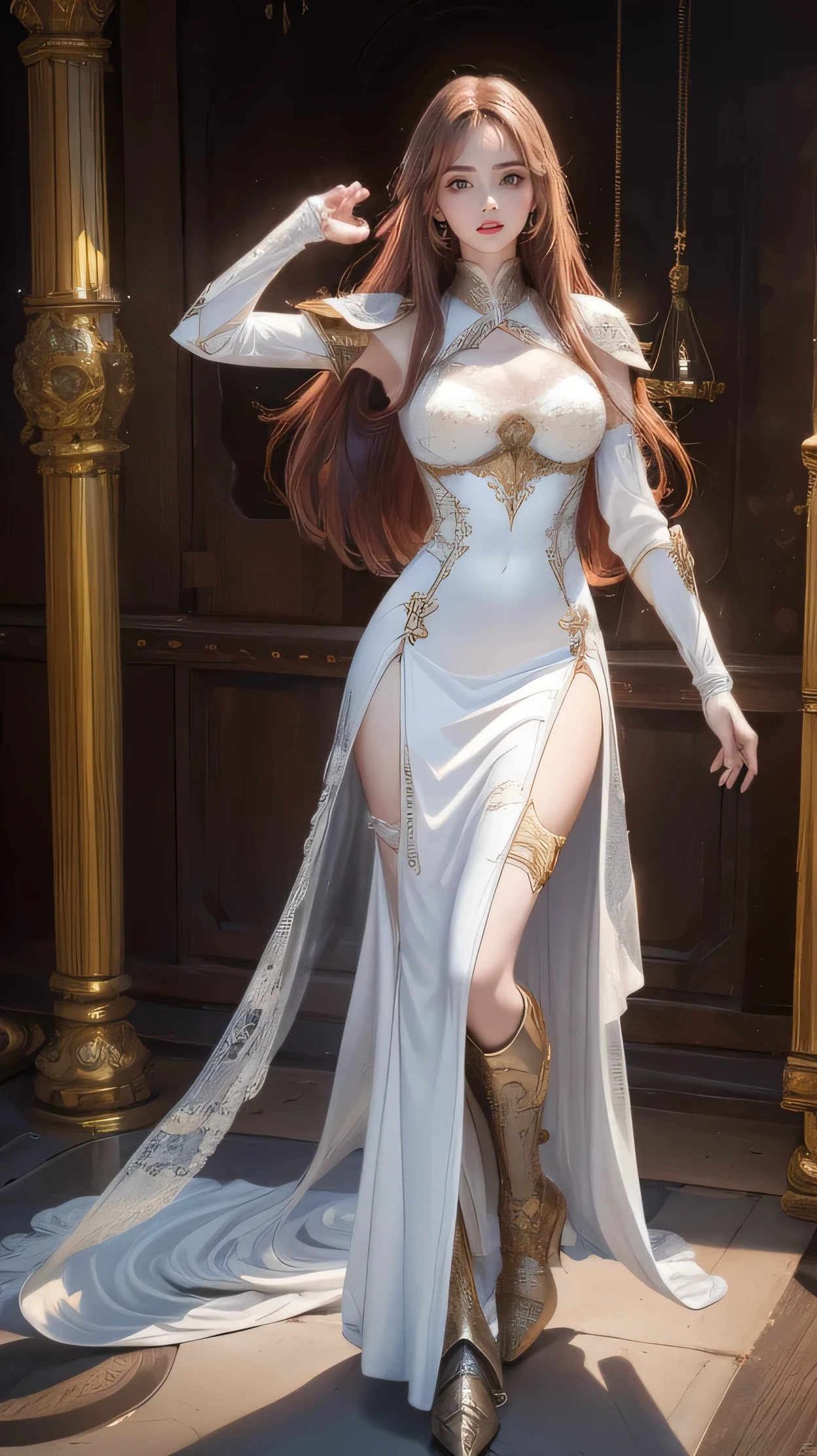 (Random Battle Poses:1.5),(Movie Scenes,Fantasy art,Best image quality,(8k),Ultra-realistic,最high quality,high quality,High resolution,High quality texture,Attention to detail,Beautiful details,Fine details,Highly detailed CG,Detailed Texture,Realistic facial expressions,masterpiece,before,dynamic,bold),1 Girl,Highly detailed skin,curve,Beautiful breasts,Big Breasts,Pale skin,Pointed Chest,Erect nipples,(Thin Hair),(Soft Hair),(Super Straight Hair),Long, slicked bangs,Very light coppery amber hair,Hair on one eye,(Leather boots,(asymmetrical mechanical armor),(White lace long dress with embroidery,See through:1.2))