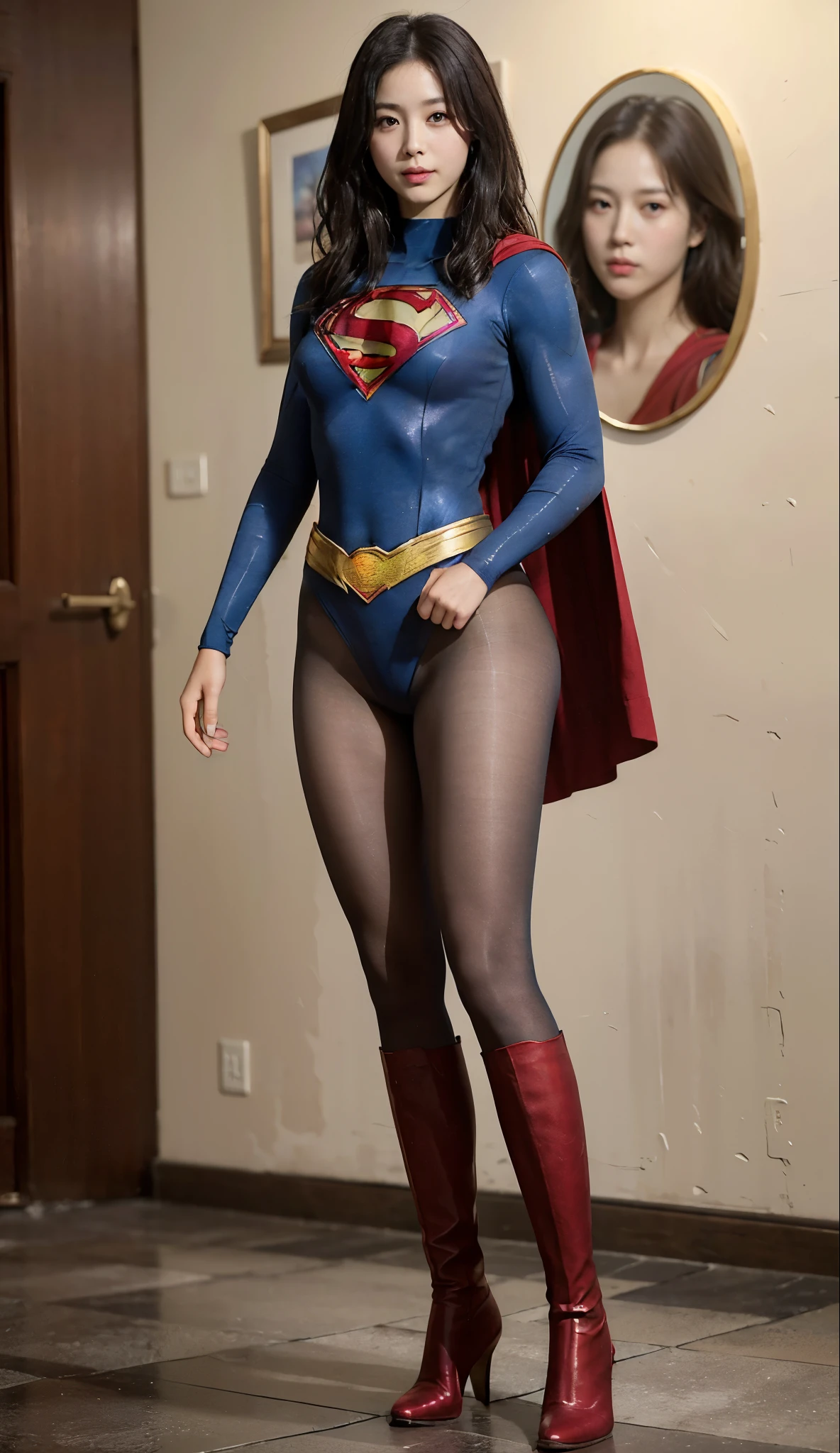 No background、(((Beautiful legs in black tights.)))、(((Legally express the beauty of your smile)))、((((Make the most of your original images)))、(((Body-hugging Supergirl costume)))、(((Supergirl Costume)))、(((short and beautiful hair)))、(((suffering)))、(((Please wear black tights....、Wear red boots)))、((Best image quality、8k))、((highest quality、8k、masterpiece:1.3))、(((Preserve background )))、Sharp focus:1.2、Beautiful woman with perfect figure:1.4、Slim Abs:1.2、Wet body:1.5、Highly detailed face and skin texture、8k