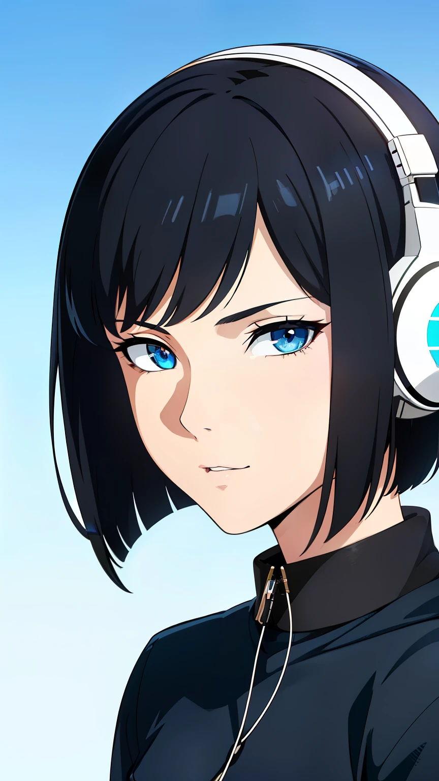 (best quality:1.5, highres, UHD, 4K, detailed lighting, shaders), black hair, short hair, wolfcut hair, cool woman, cool girl, sharp eyes, blue eyes, beautiful, (pov, close shot), simple background, casual clothes, with headphones